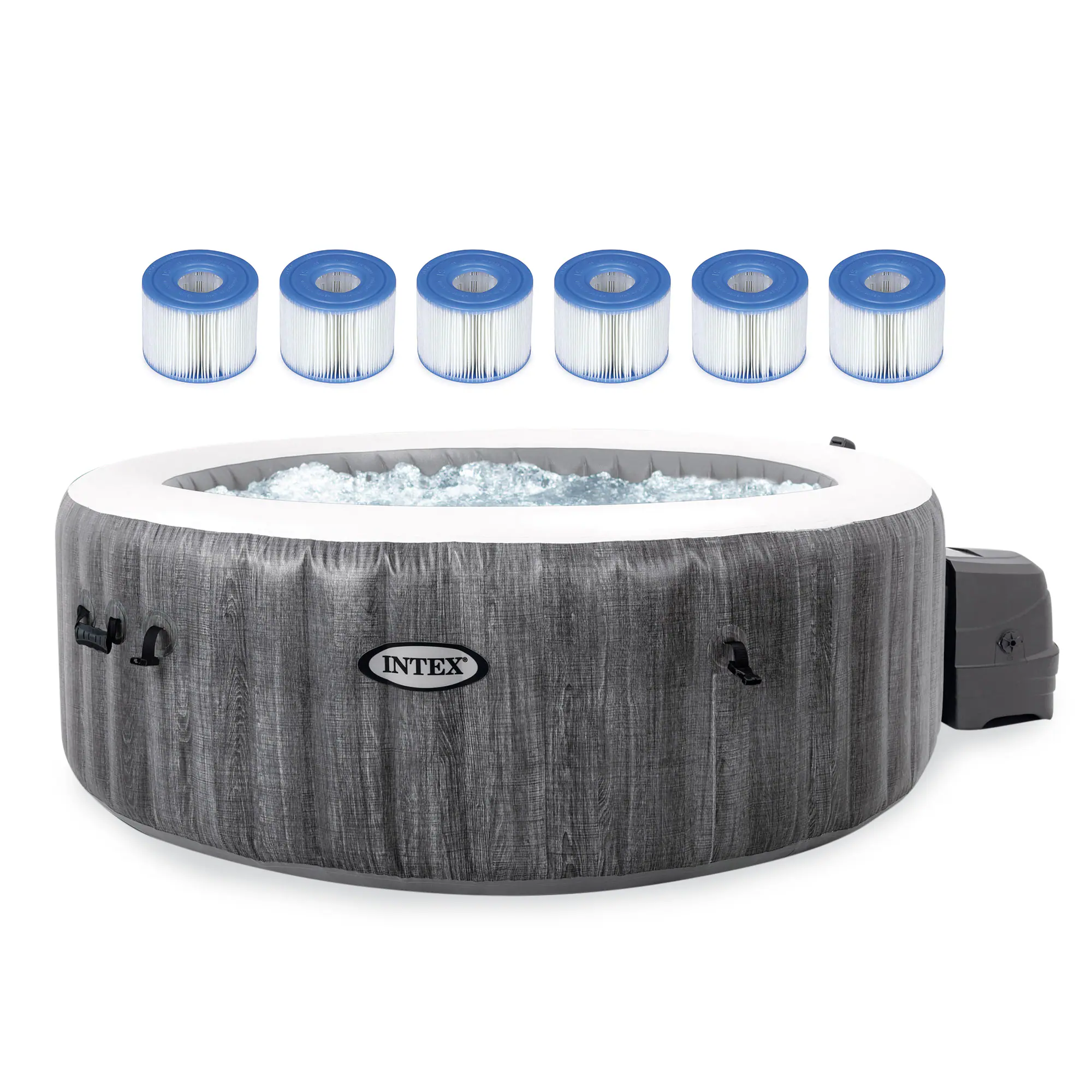 Front. Intex - Intex PureSpa Plus Greywood Inflatable Hot Tub Jet Spa with 6 Filter Cartridges.