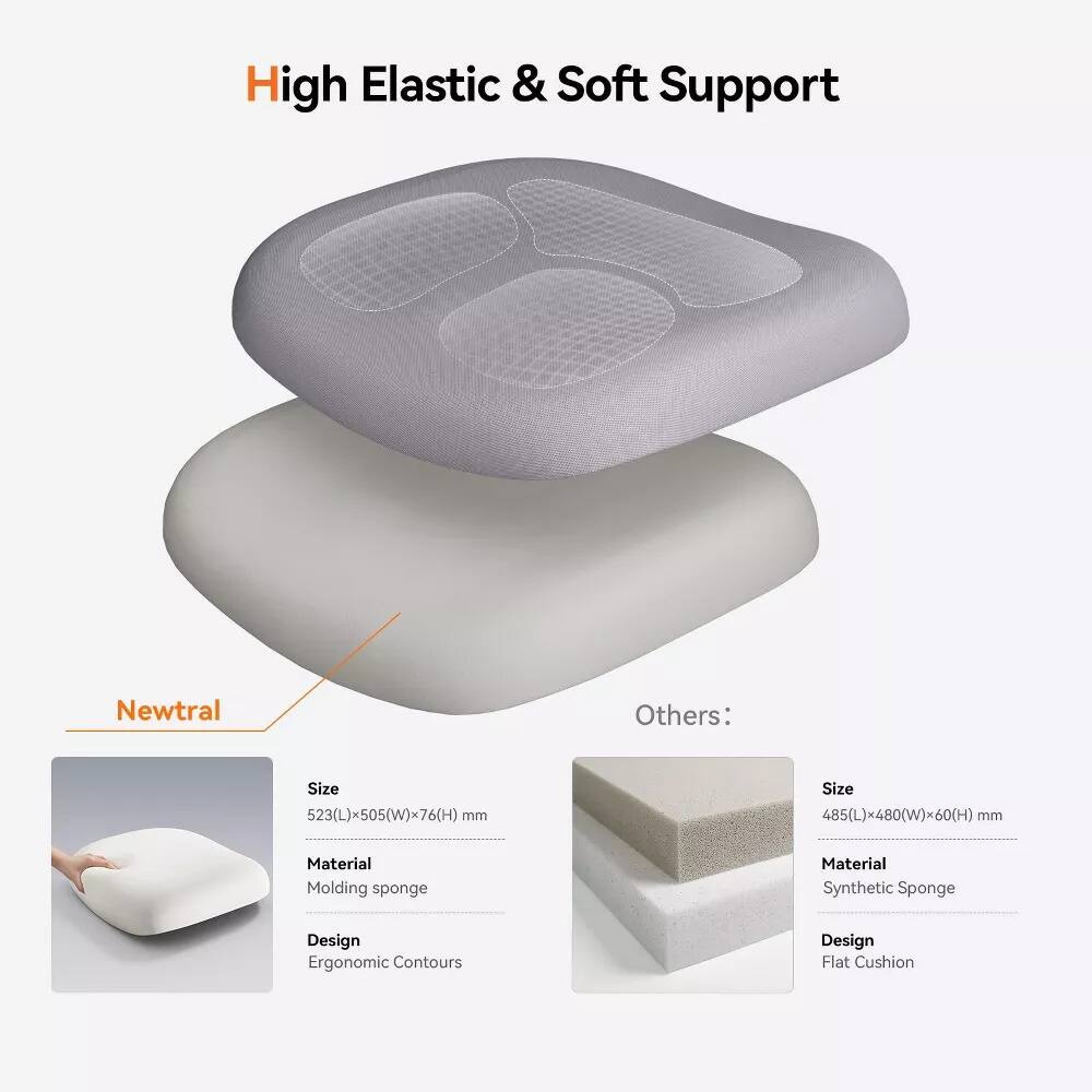 High Elastic & Soft Support

Newtral:
- Size: 523(L) x 505(W) x 76(H) mm
- Material: Molding sponge
- Design: Ergonomic Contours

Others:
- Size: 485(L) x 480(W) x 60(H) mm
- Material: Synthetic Sponge
- Design: Flat Cushion