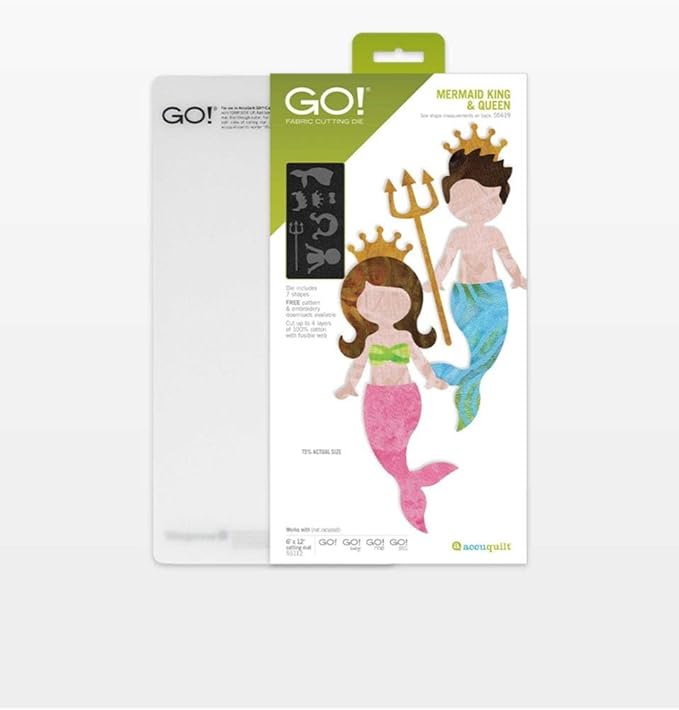 GO! FABRIC CUTTER  
MERMAID KING & QUEEN  
56419  

Includes:  
- 7 shapes  
- FREE cutting mat  
- 100% acrylic  

17% KNOTTER SIZE  

Made in China  
© GO!  
© accuquilt  

GO! GO! GO!