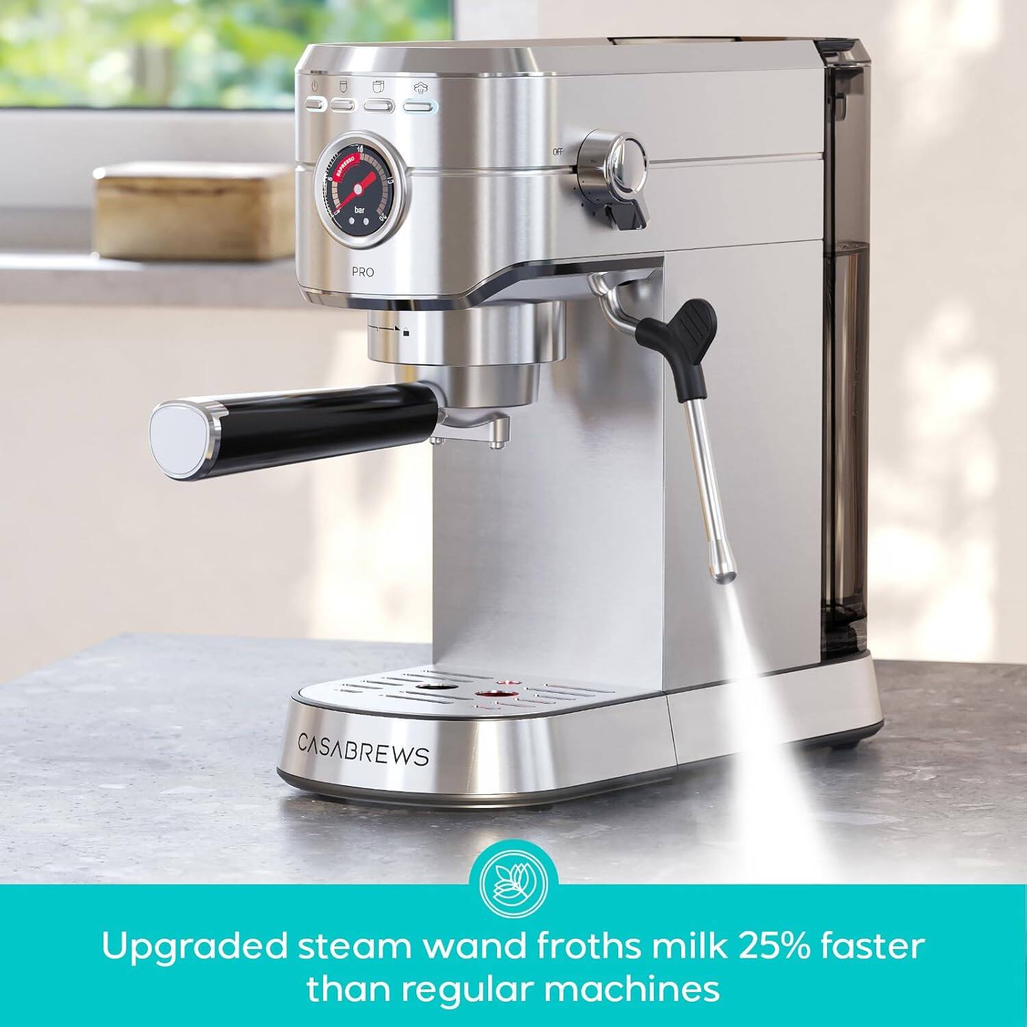 Upgraded steam wand froths milk 25% faster than regular machines