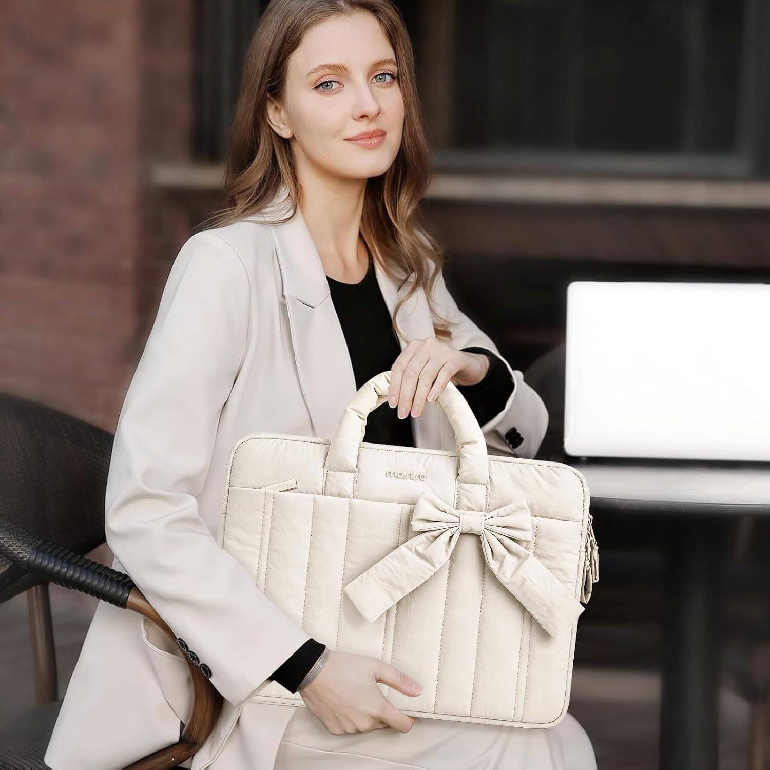 Alt View 5. mosiso - Puffy Laptop Sleeve 15-15.6 Inch, Laptop Carrying Case with Handle for MacBook Pro 16 HP Acer Dell Lenovo ASUS - Sand.