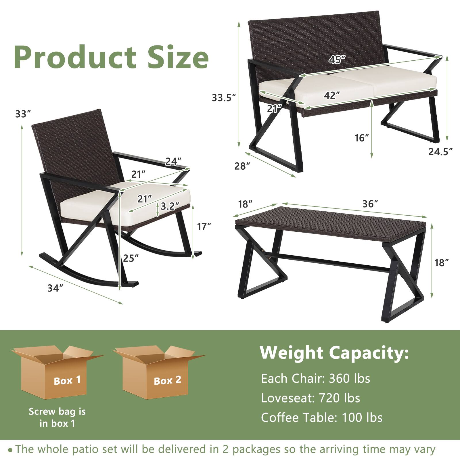 Product Size: 45", 33", 33.5", 21", 42", 21", 24", 28", 16", 24.5", 21", 3.2", 18", 36", 17", 25", 18", 34"

Weight Capacity: Each Chair: 360 lbs, Loveseat: 720 lbs, Coffee Table: 100 lbs

Box 1: Screw bag is in box 1

The whole patio set will be delivered in 2 packages so the arriving time may vary