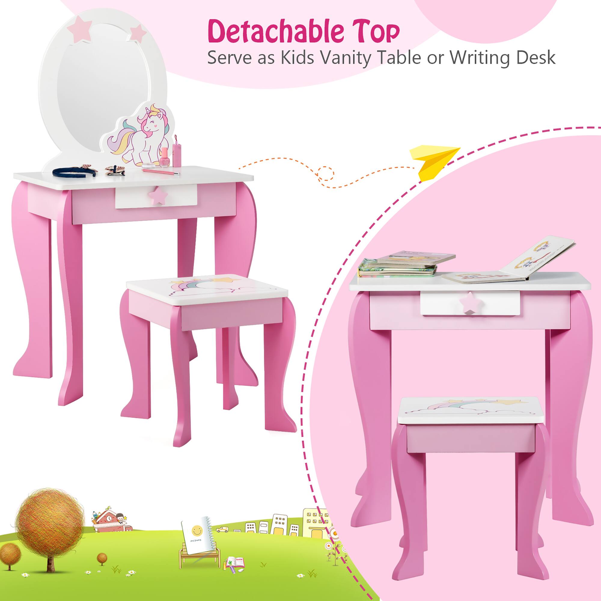 Detachable Top  
Serve as Kids Vanity Table or Writing Desk