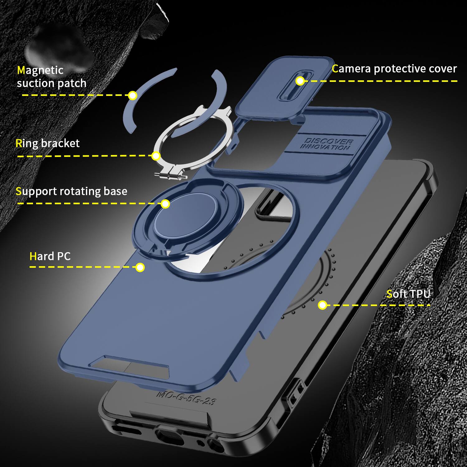 Magnetic suction patch  
Camera protective cover  
Ring bracket  
DISCOVER INNOVATION  
Support rotating base  
Hard PC  
Soft TPU  
MO-G-5G-23