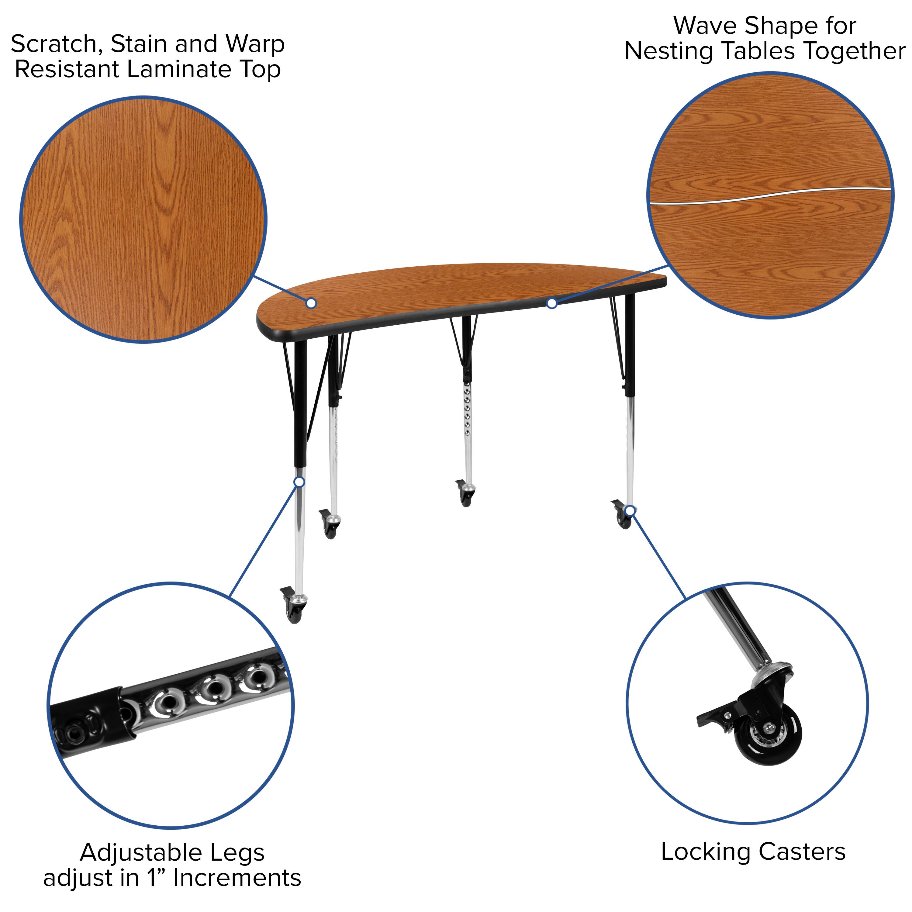 Scratch, Stain and Warp Resistant Laminate Top

Wave Shape for Nesting Tables Together

Adjustable Legs adjust in 1" Increments

Locking Casters