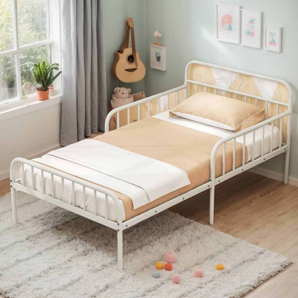 Kadyn - Platform Bed Frame, Bedroom Bed Frame,Twin Size Bed Frame with Headboard and Safety Side Guardrails - White