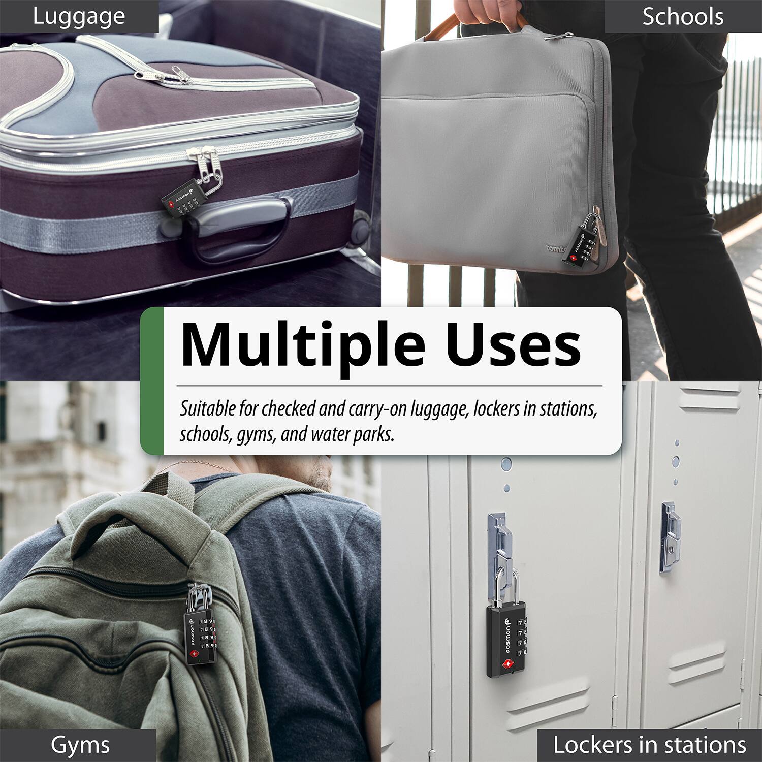 Multiple Uses

Luggage
Schools
Gyms
Lockers in stations

Suitable for checked and carry-on luggage, lockers in stations, schools, gyms, and water parks.
