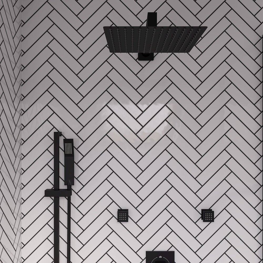 Angle. Alfi - Matte Black Stainless Steel 12" Square Ultra-Thin Rain Shower Head - Black.