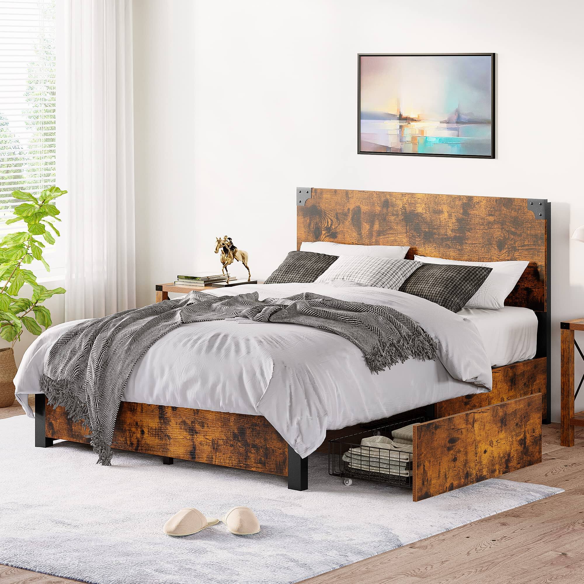 Front. Homhougo - Queen Bed Frame, Platform Full Size Bed Frame with Wood Headboard, Metal Full Bed Frame Brown - Brown.