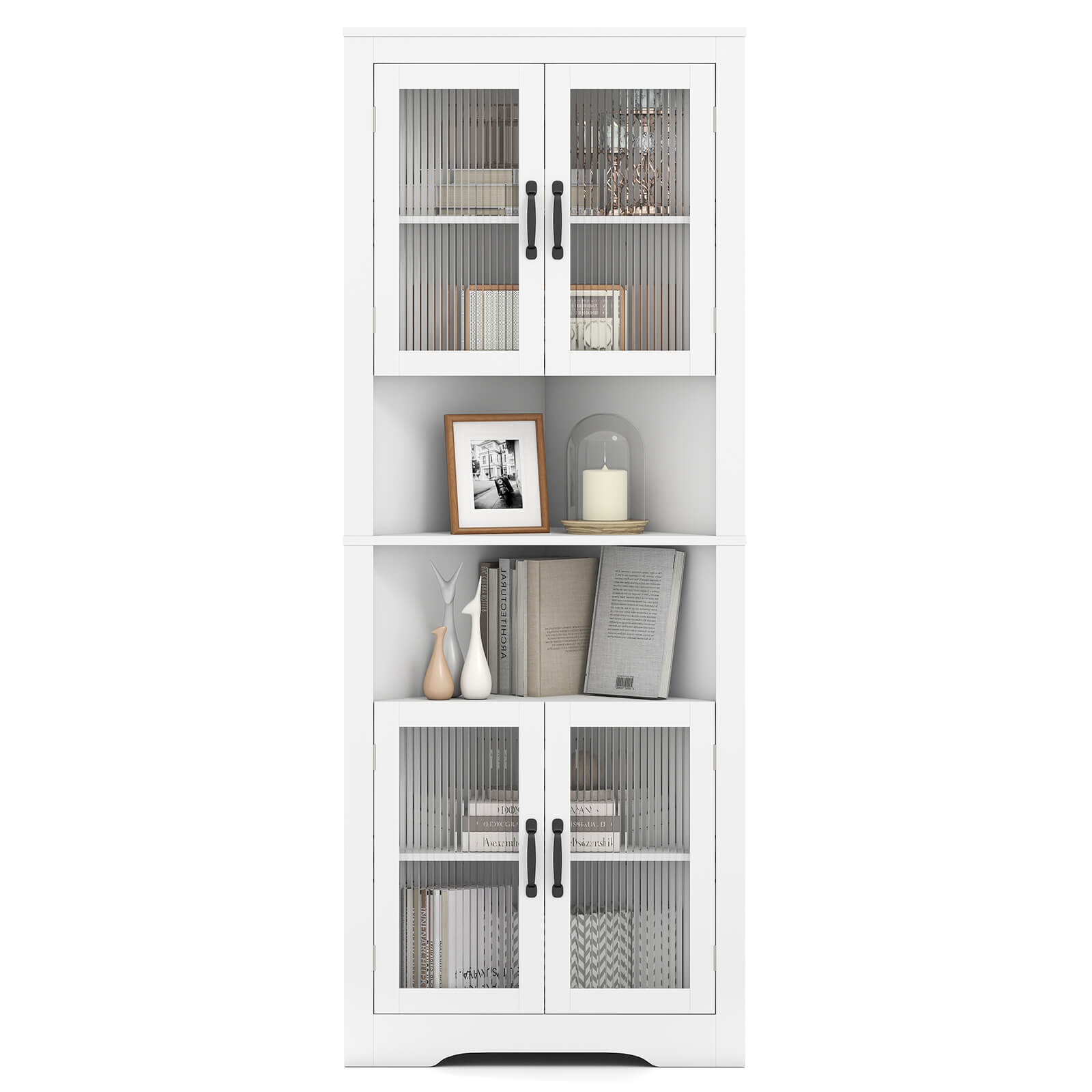 Costway - 67" Tall Corner Hutch with 4 Fluted Glass Doors 3-Level Adjustable Shelves - White