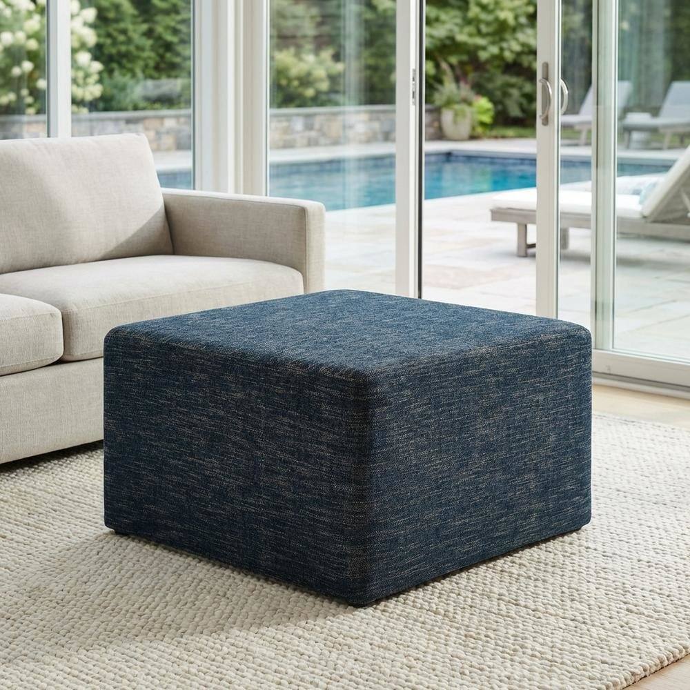 Left. Outdoor Escape - Square Woven Heathered Fabric Ottoman with Cushioned Top for Outdoor Lounge - Blue.