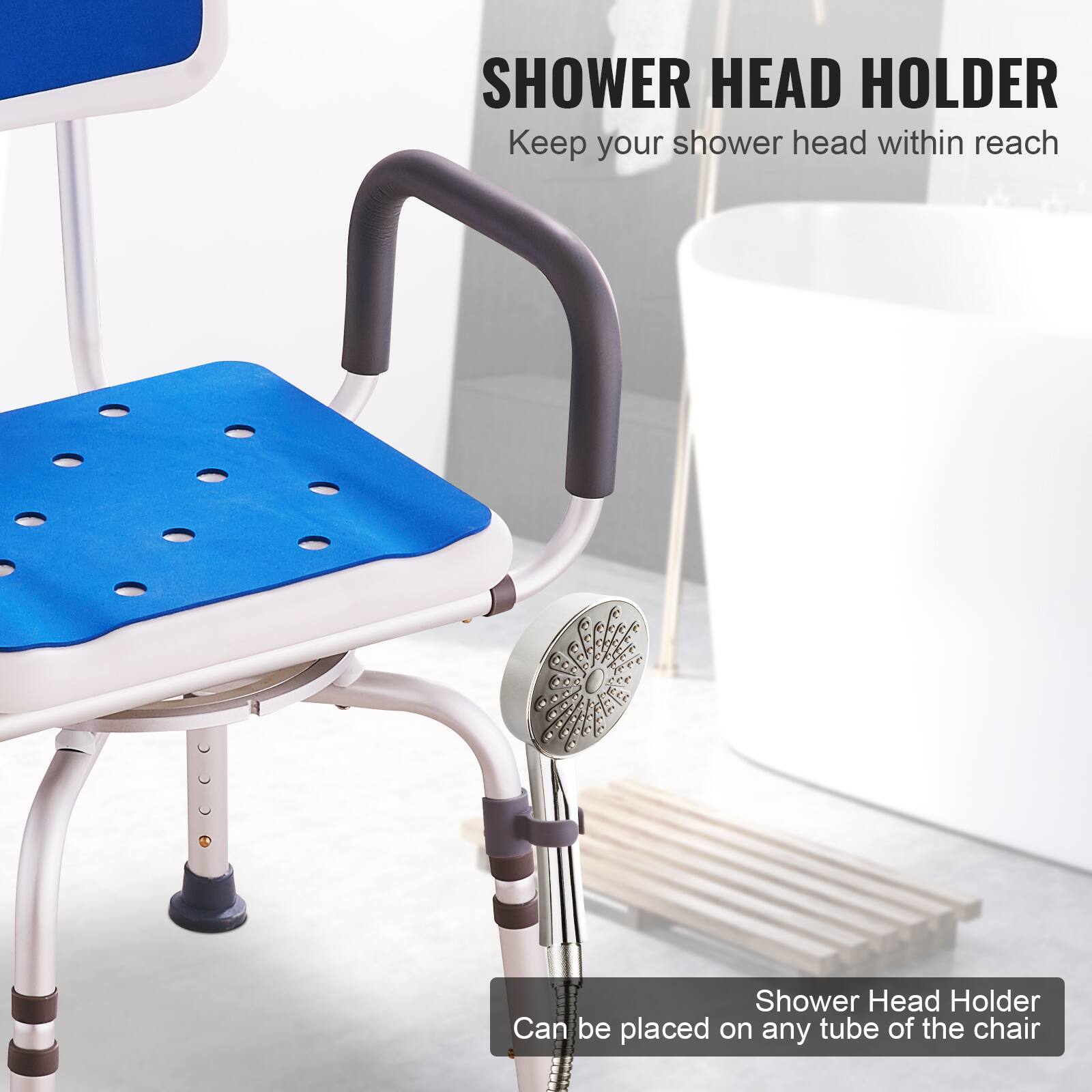 SHOWER HEAD HOLDER
Keep your shower head within reach
Shower Head Holder Can be placed on any tube of the chair