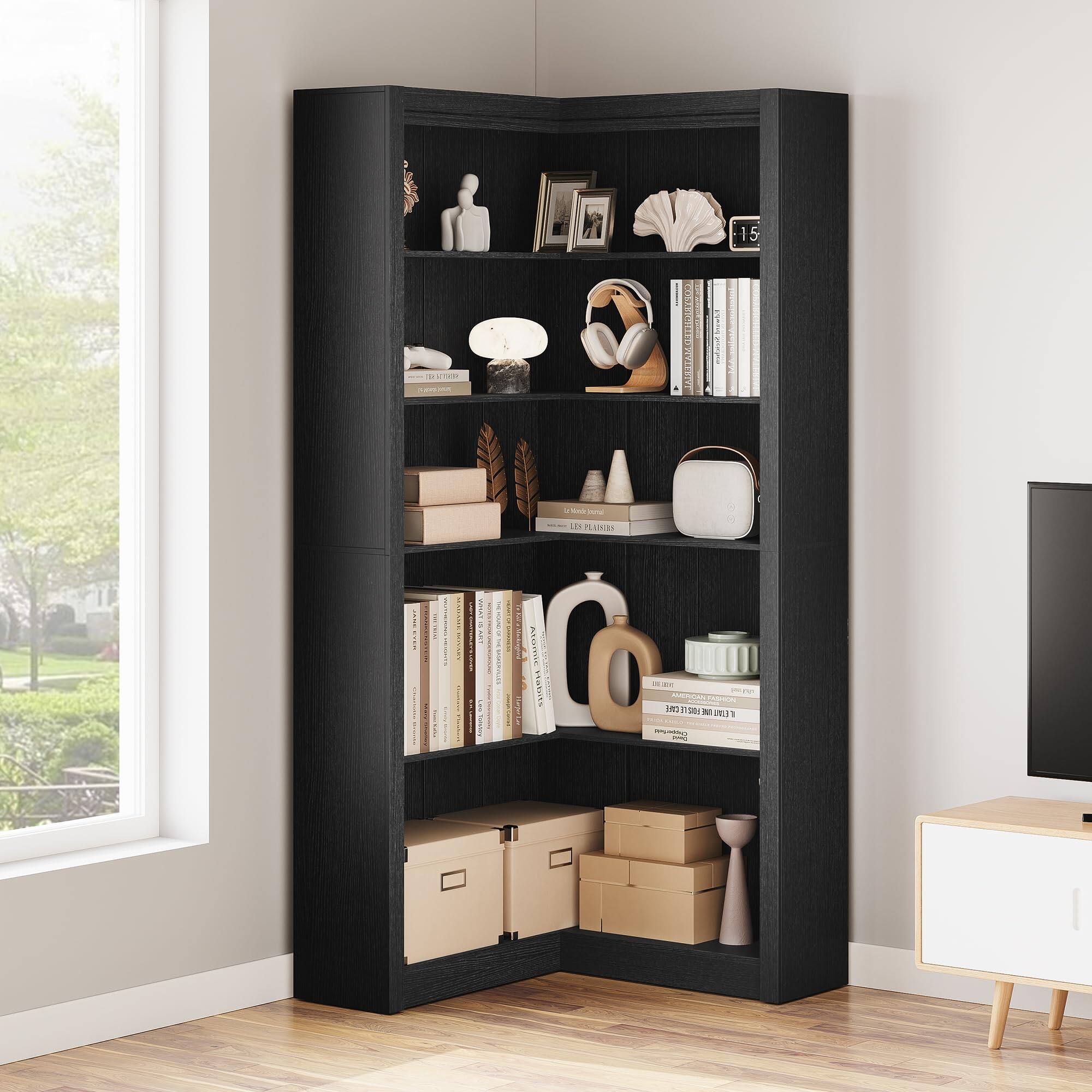 Sure, here is the corrected and grouped text from the image:

**Top Shelf:**
- 1:5

**Second Shelf:**
- (No visible text)

**Third Shelf:**
- (No visible text)

**Fourth Shelf:**
- (No visible text)

**Fifth Shelf:**
- (No visible text)

**Bottom Shelf:**
- (No visible text)

**Books:**
- (Various book titles are visible but not fully legible)

**Other Items:**
- (No visible text on other items)

If you need specific titles or details from the books or other items, please let me know!