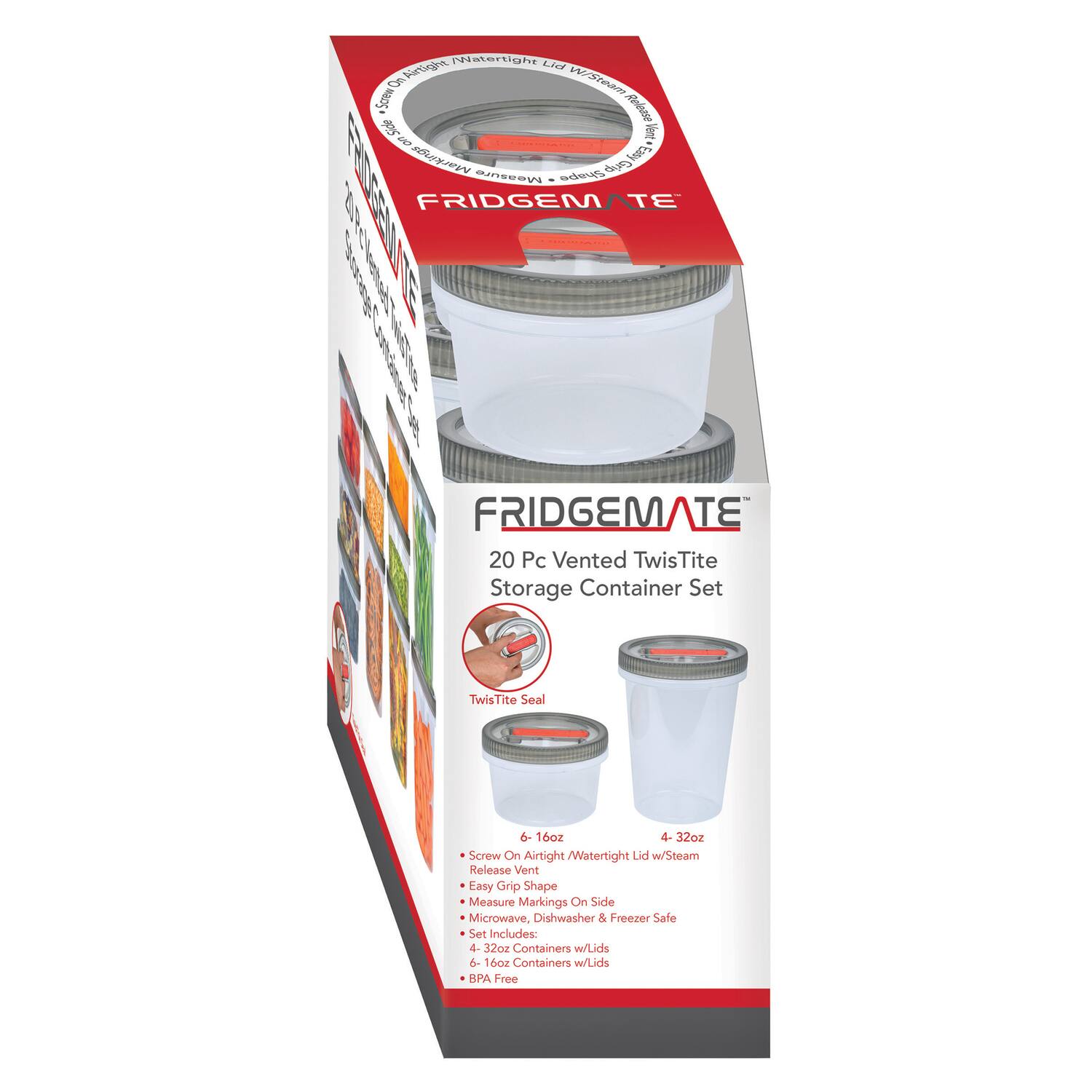 Watertight Airtight Lid Screw On W/Steam Side Release Vent on Markings Easy Shape Grip Measure FRIDGEMATE Wonnel

FRIDGEMATE 20 Pc Vented Twis Tite Storage Container Set

TwisTite Seal

6 16oz 4. 32oz Screw On Airtight /Watertight Lid w/Steam Release Vent Easy Grip Shape Measure Markings On Side Microwave, Dishwasher & Freezer Safe Set Includes: 4- 32oz Containers w/Lids & 16oz Containers w/Lids BPA Free