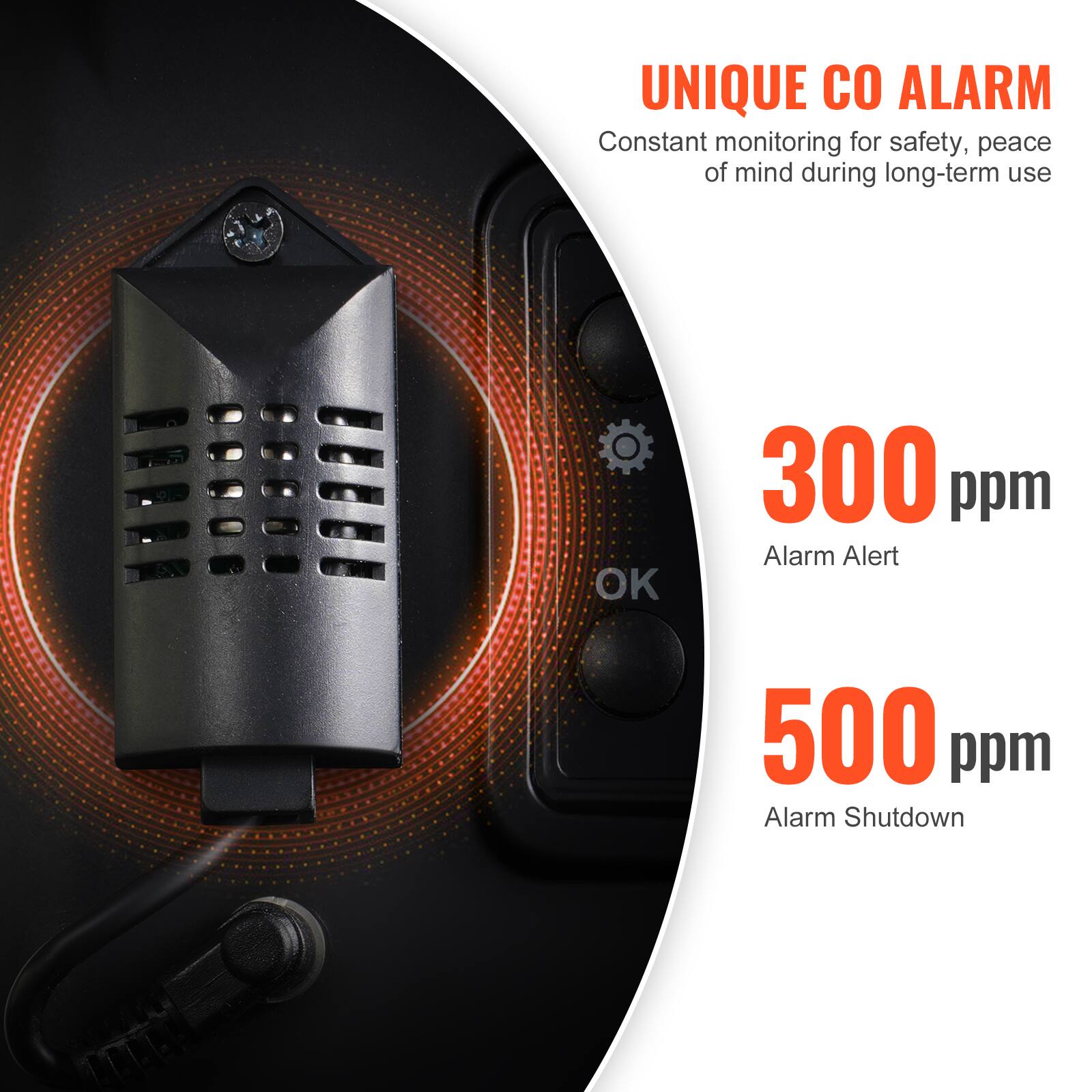UNIQUE CO ALARM  
Constant monitoring for safety, peace of mind during long-term use

300 ppm  
Alarm Alert

500 ppm  
Alarm Shutdown