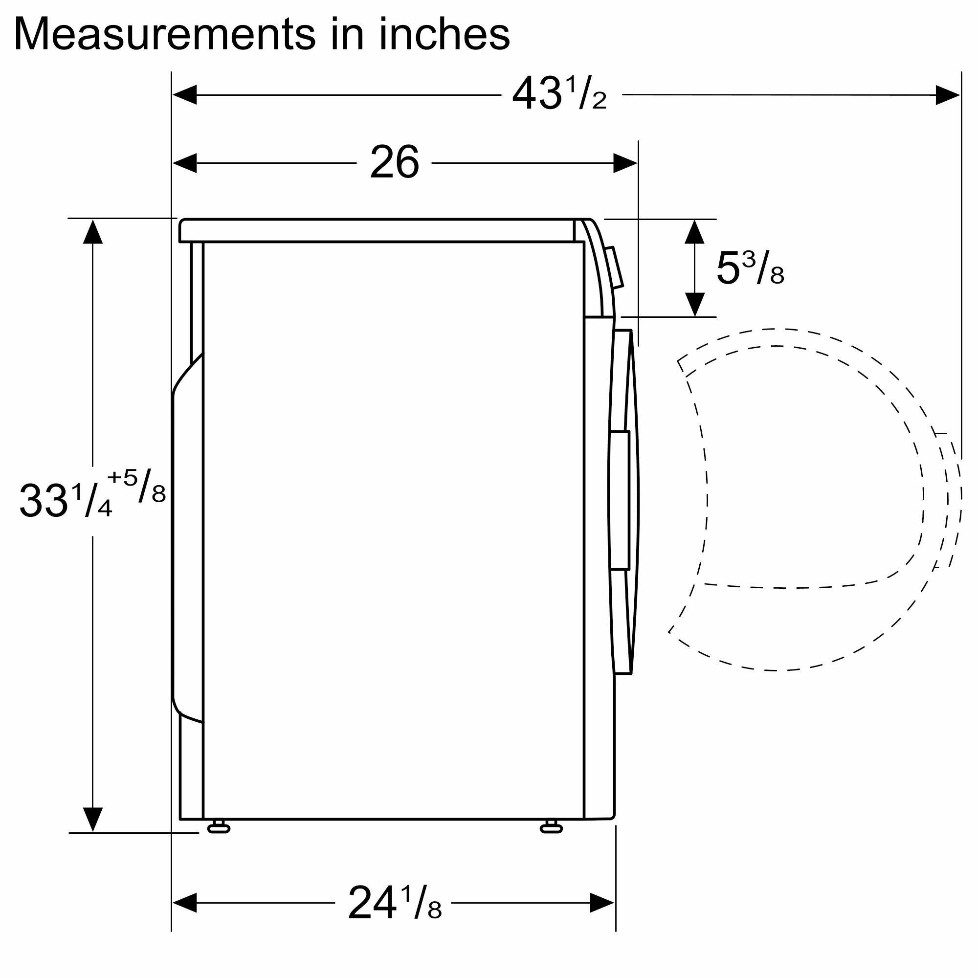 Measurements in inches: 43 1/2, 26, 53/8, +5/8, +5, 33 1/4, 4, 24 1/8.