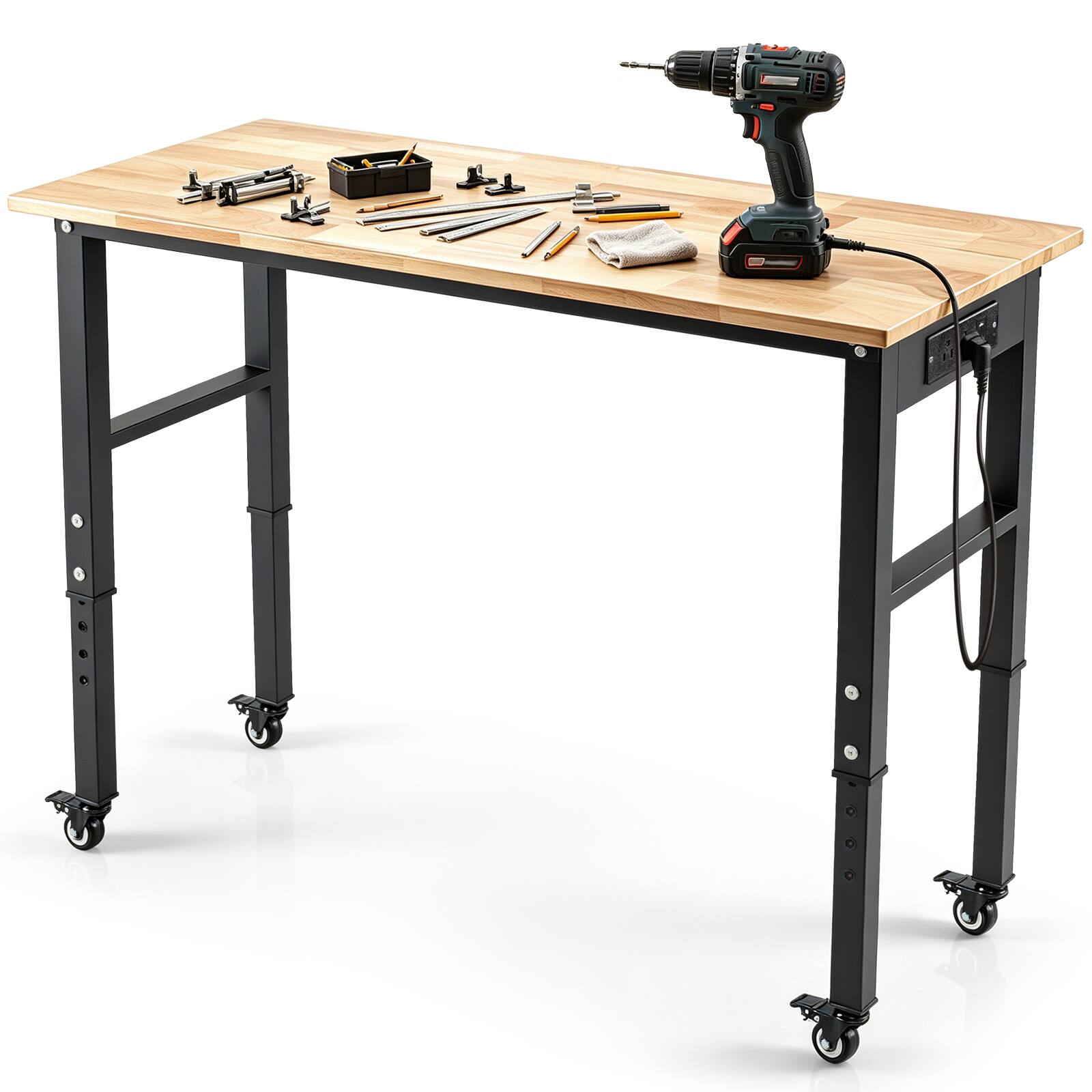 Front. Costway - Costway 46 Inch Adjustable Height Workbench with Wheels, Power Outlet and Pegboard - Natural and Black.
