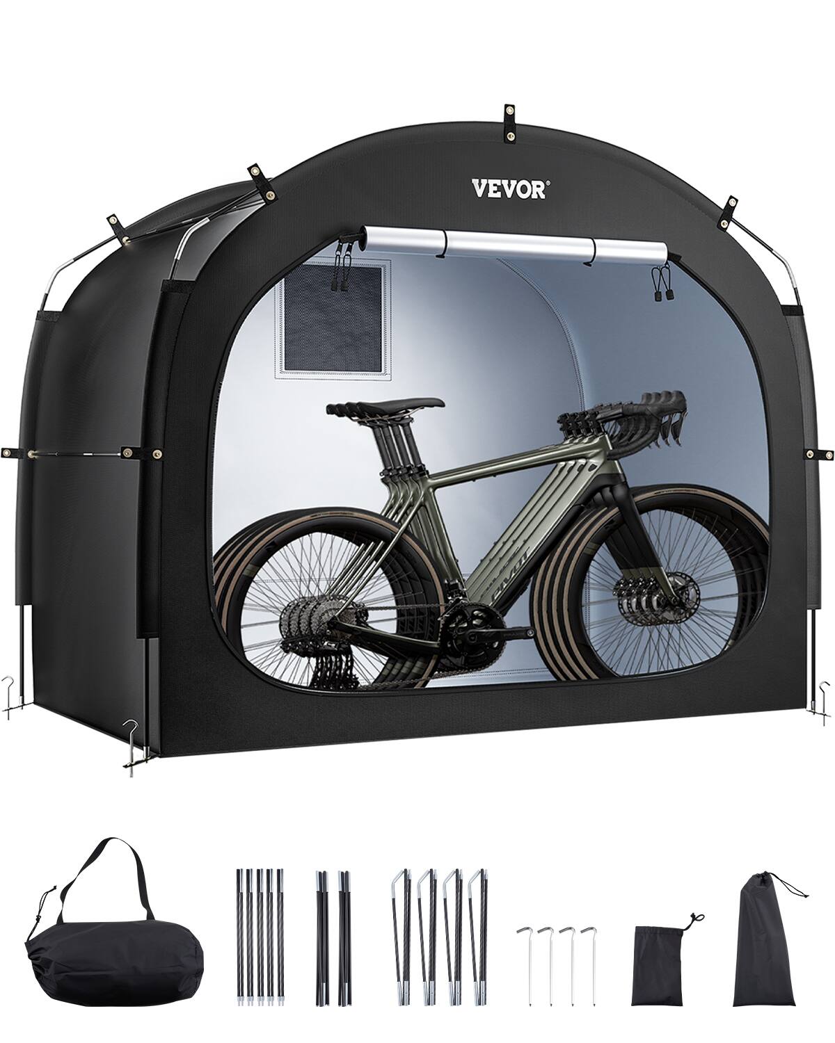 Front. VEVOR - Bike Storage Tent,4 to 5 Bikes with Ventilated Window,Waterproof Easy-to-Install Bike Tent with High Strength Fiberglass - Black.