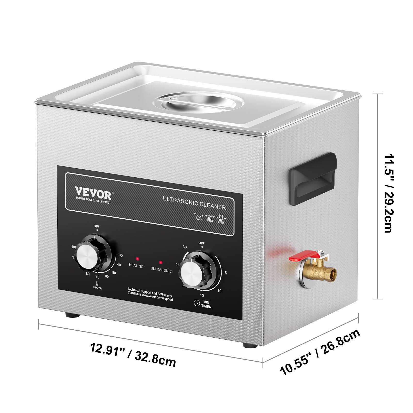 VEVOR TDM POOLA - FRI ULTRASONIC CLEANER OFF OFF 11 30 30 1 40 HEATING 2% 50 ULTRASONIC 5 50 Technical Support and E-Warranty Certificate and Illustration 15 MIN TIMER 11.5" / 29.2cm 12.91" / 32.8cm 10.55" / 26.8cm