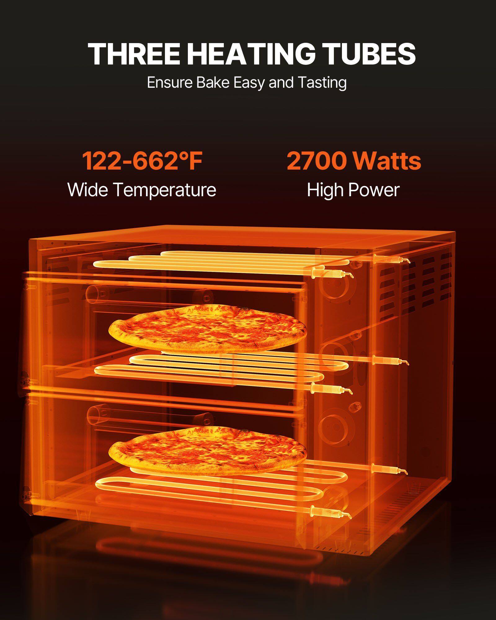 THREE HEATING TUBES  
Ensure Bake Easy and Tasting  

122-662°F  
Wide Temperature  

2700 Watts  
High Power