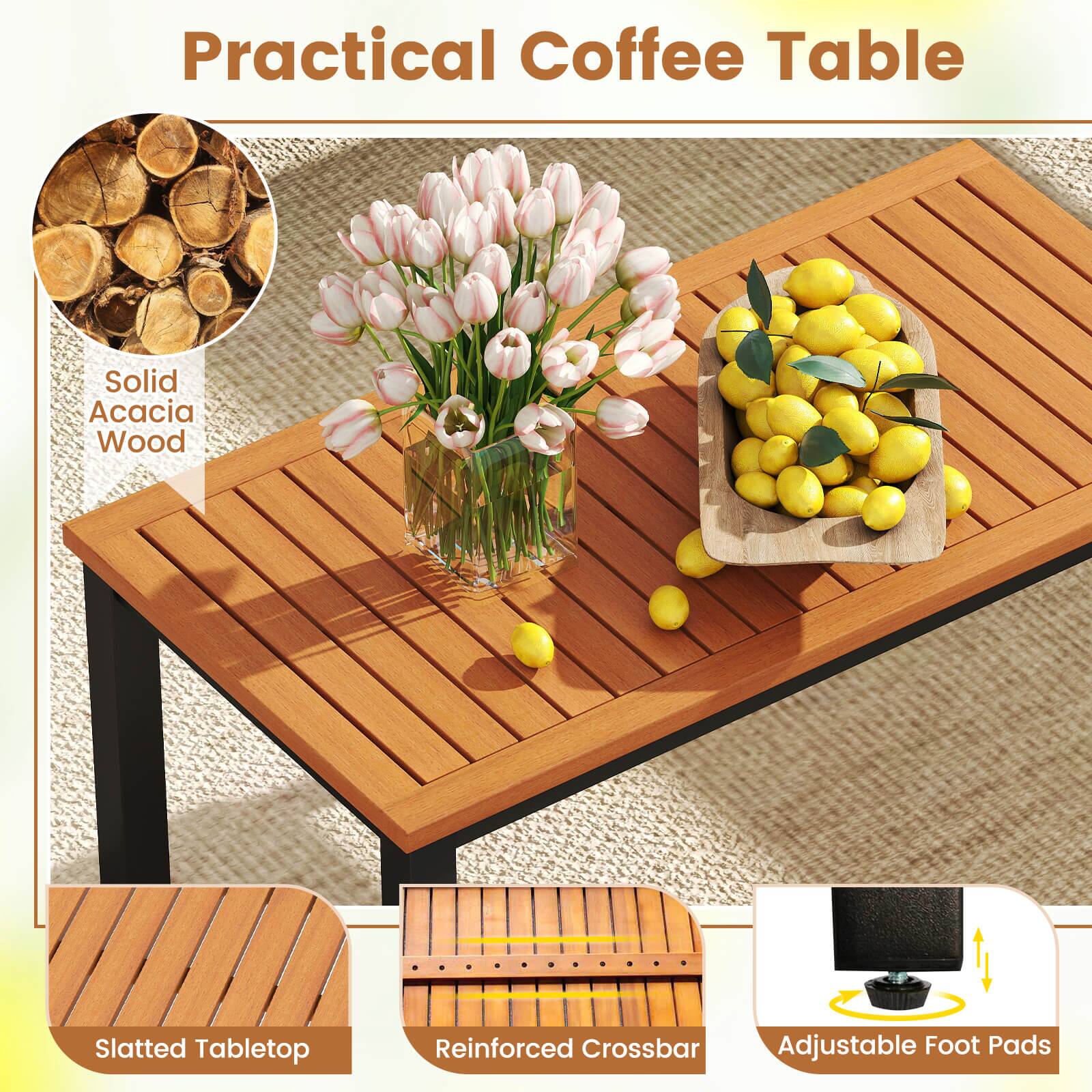 Practical Coffee Table

- Solid Acacia Wood
- Slatted Tabletop
- Reinforced Crossbar
- Adjustable Foot Pads