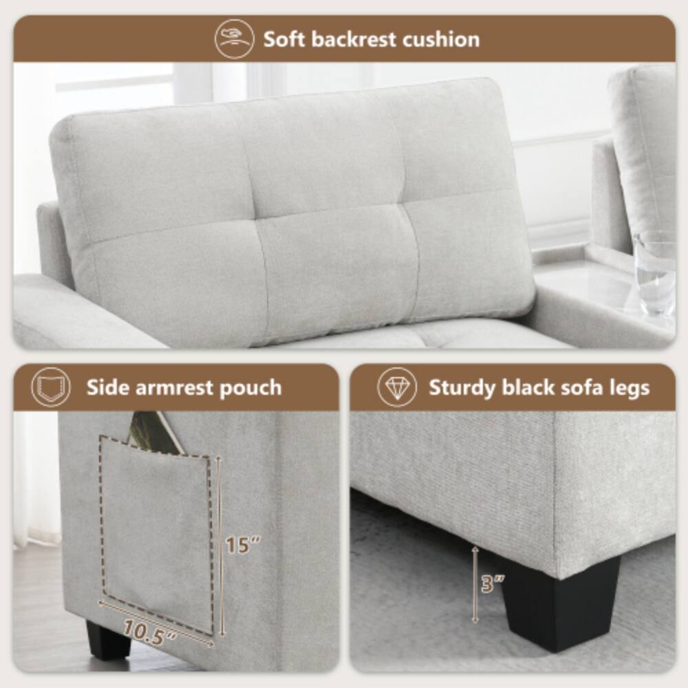 Soft backrest cushion  
Side armrest pouch  
Sturdy black sofa legs  
15" x 10.5"  
3"