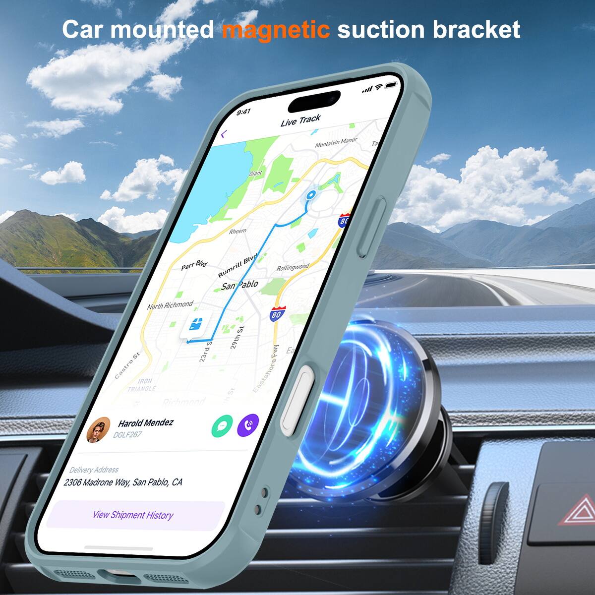Car mounted magnetic suction bracket

Live Track

Manor Mountain

Gand Rhcem

Bive Parr Rummill

San Pablo

Relingwood

North Richmond

23rd Castro

IRON TRIANGLE

Richmond 80

15 29 Ea w & Eastshot shore

1 5

Harold Mendez

DGLF267

Delivery Address

2306 Madrone Way, San Pablo, CA

View Shipment History