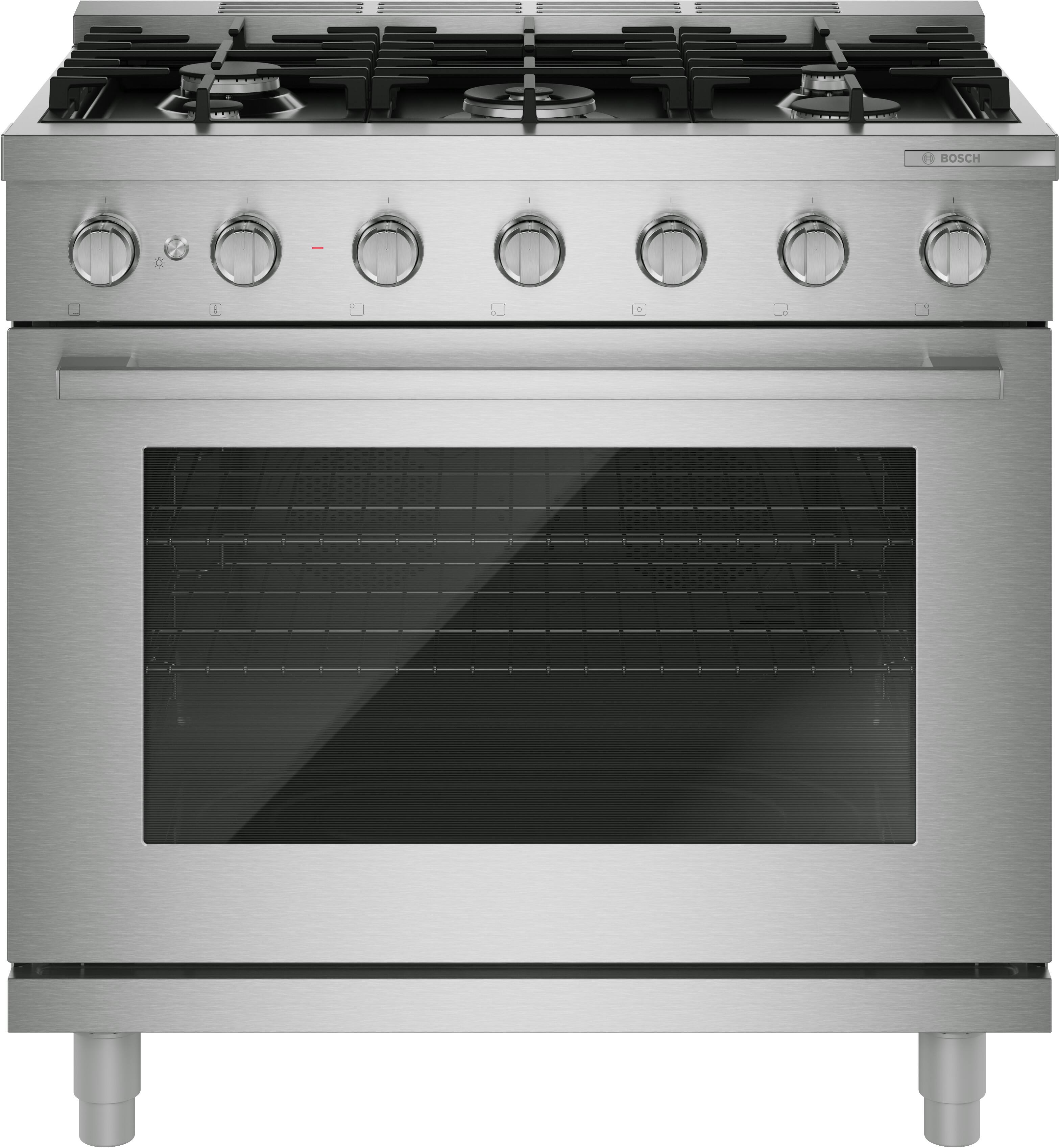 Front. Bosch - 500 Series 36 in. Wide 3.2 Cu. Ft. Industrial Style Dual Fuel True Convection Range with 5 Burners - Stainless Steel.