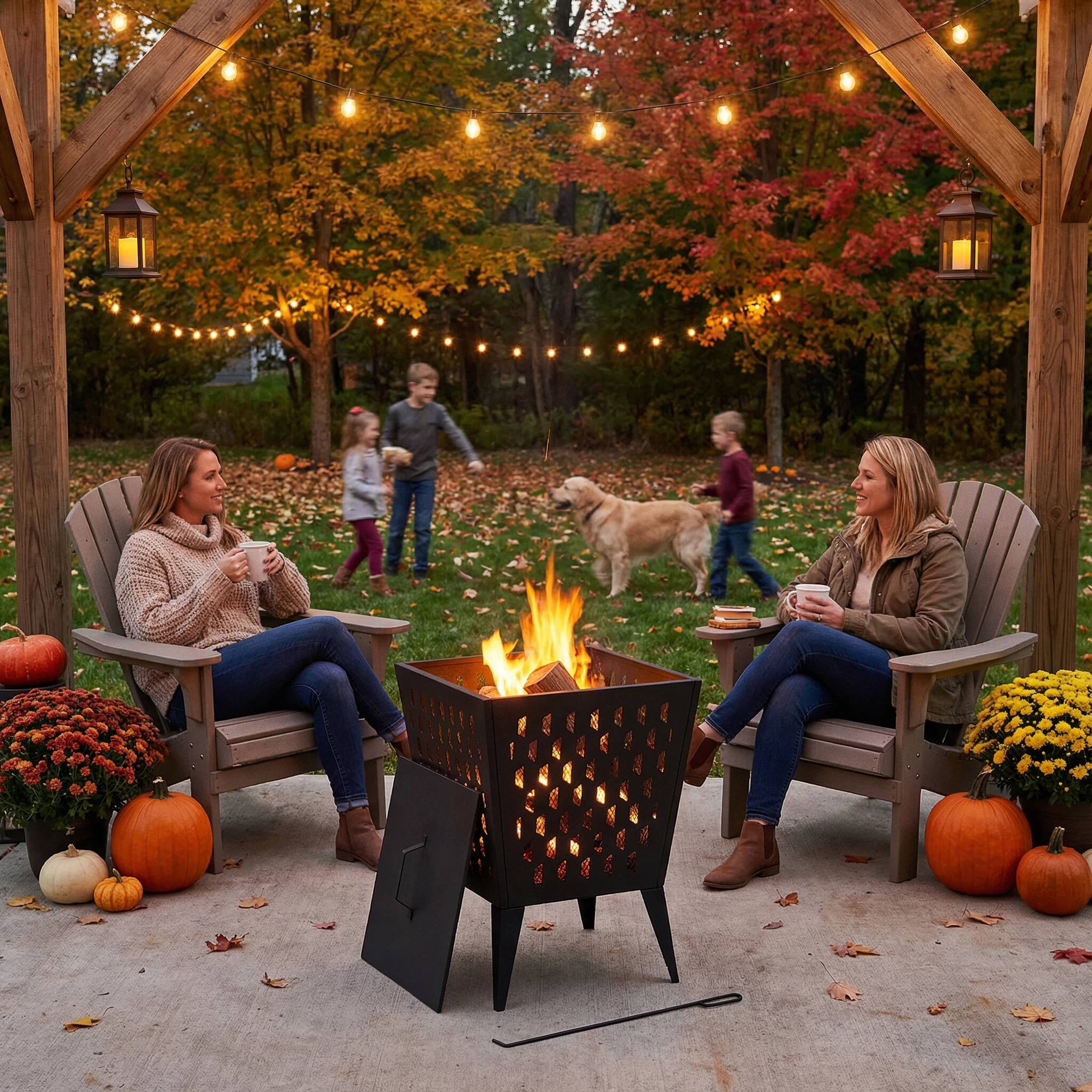 Front. SUNJOY - Sunjoy 18 in. Hartefeld Powder-Coated Steel Wood-Burning Fire Pit with Mesh Lid and Poker, Black.