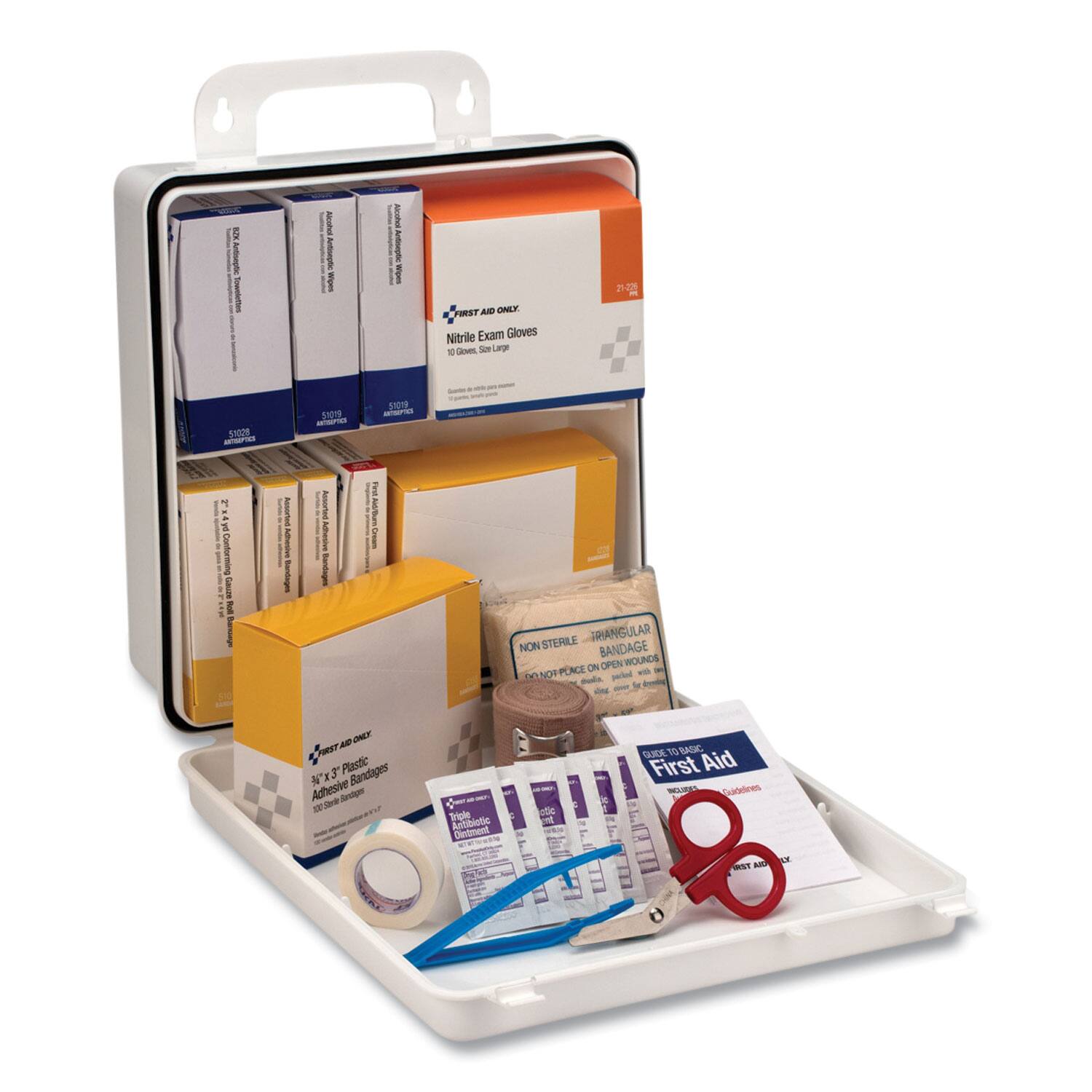 FIRST AID ONLY:  
Nitrile Exam Gloves  
10 Gloves, Size Large  

FIRST AID ONLY:  
4" x 3" Plastic Adhesive Bandages  
100 Bandages  

FIRST AID ONLY:  
Triangular Bandage  
Do Not Place on Open Wounds  

FIRST AID ONLY:  
Triple Antibiotic Ointment  

FIRST AID ONLY:  
Scissors  

FIRST AID ONLY:  
Tweezers  

FIRST AID ONLY:  
First Aid Guide