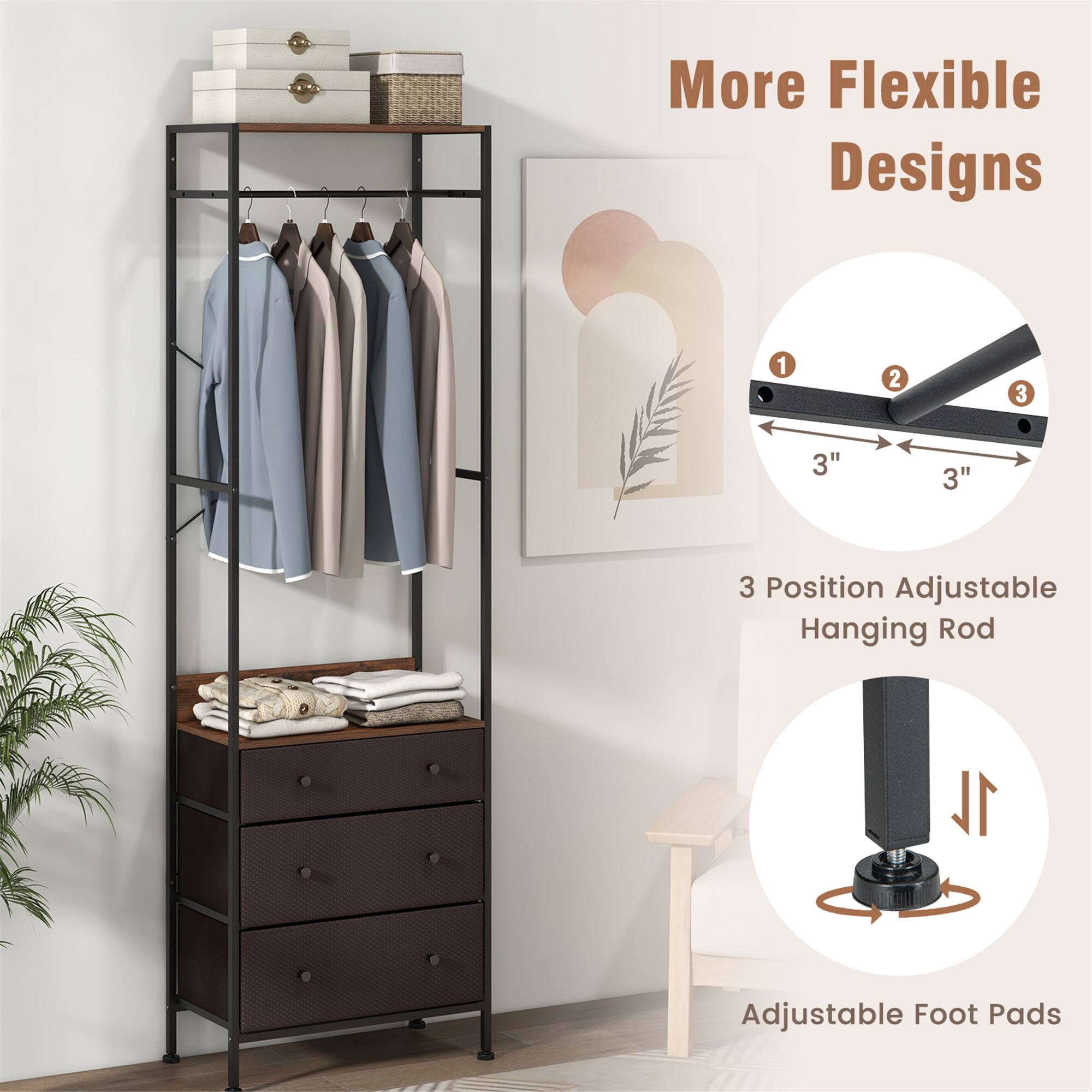 More Flexible Designs

1. 3 Position Adjustable Hanging Rod
2. 3" 3"
3. Adjustable Foot Pads