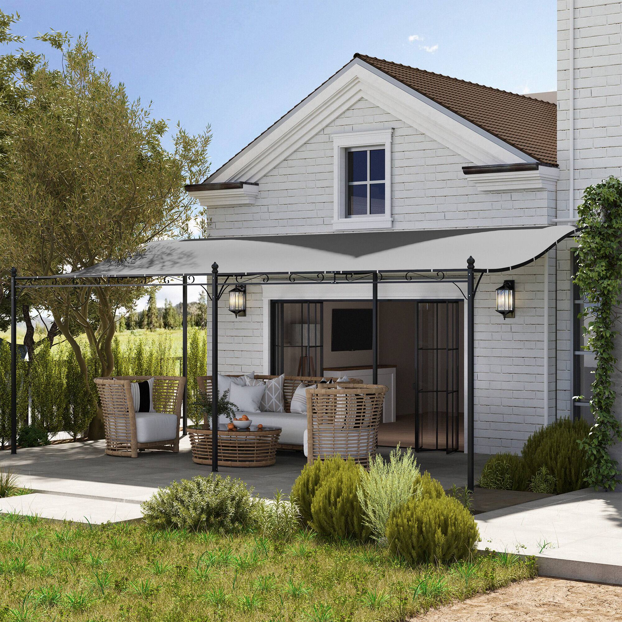 Angle. Outsunny - 10' x 18' Outdoor Pergola Canopy, Wall-Mounted Metal Patio Canopy with Weather-Resistant Fabric - Dark Gray.