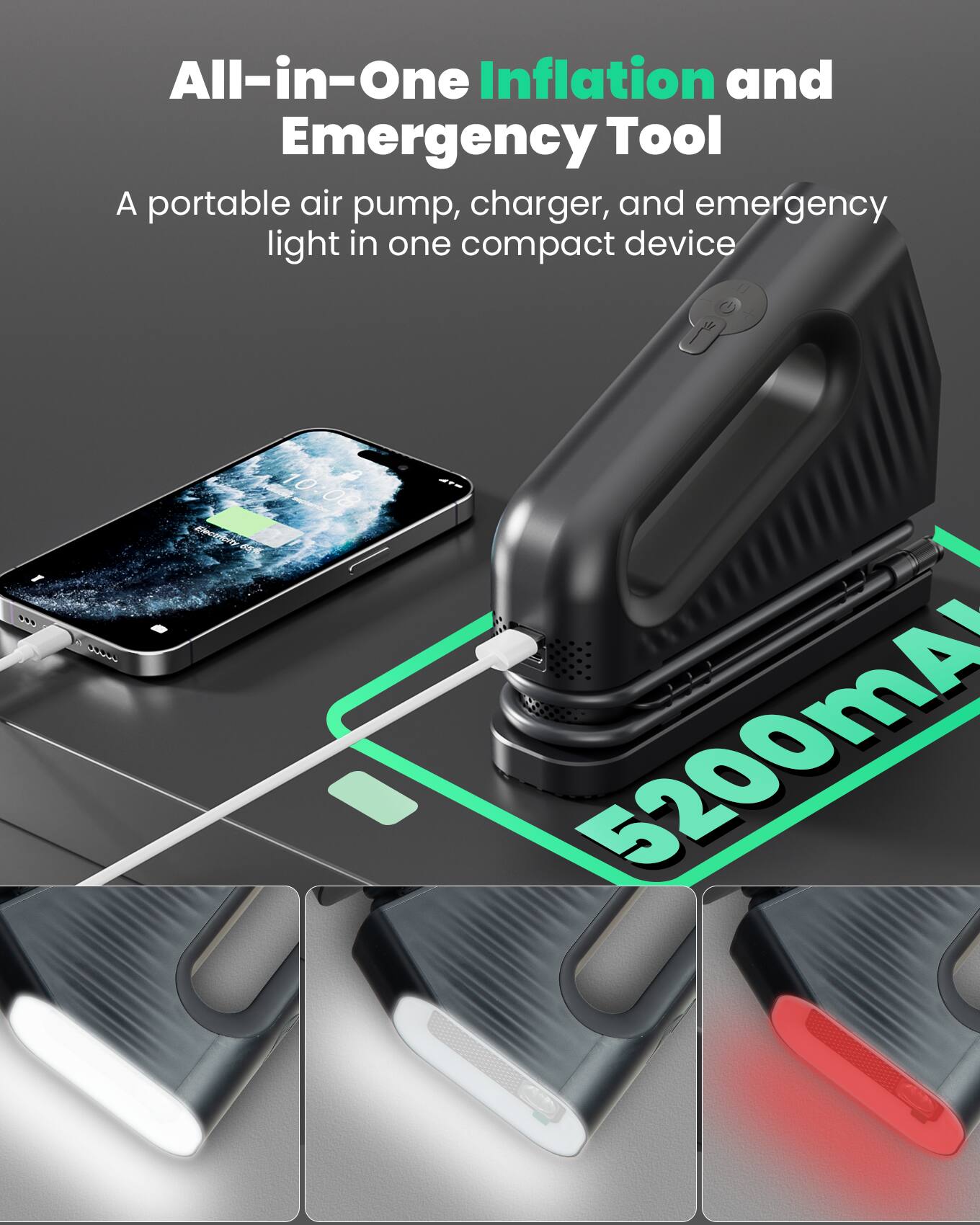 All-in-One Inflation and Emergency Tool  
A portable air pump, charger, and emergency light in one compact device  
5200mA