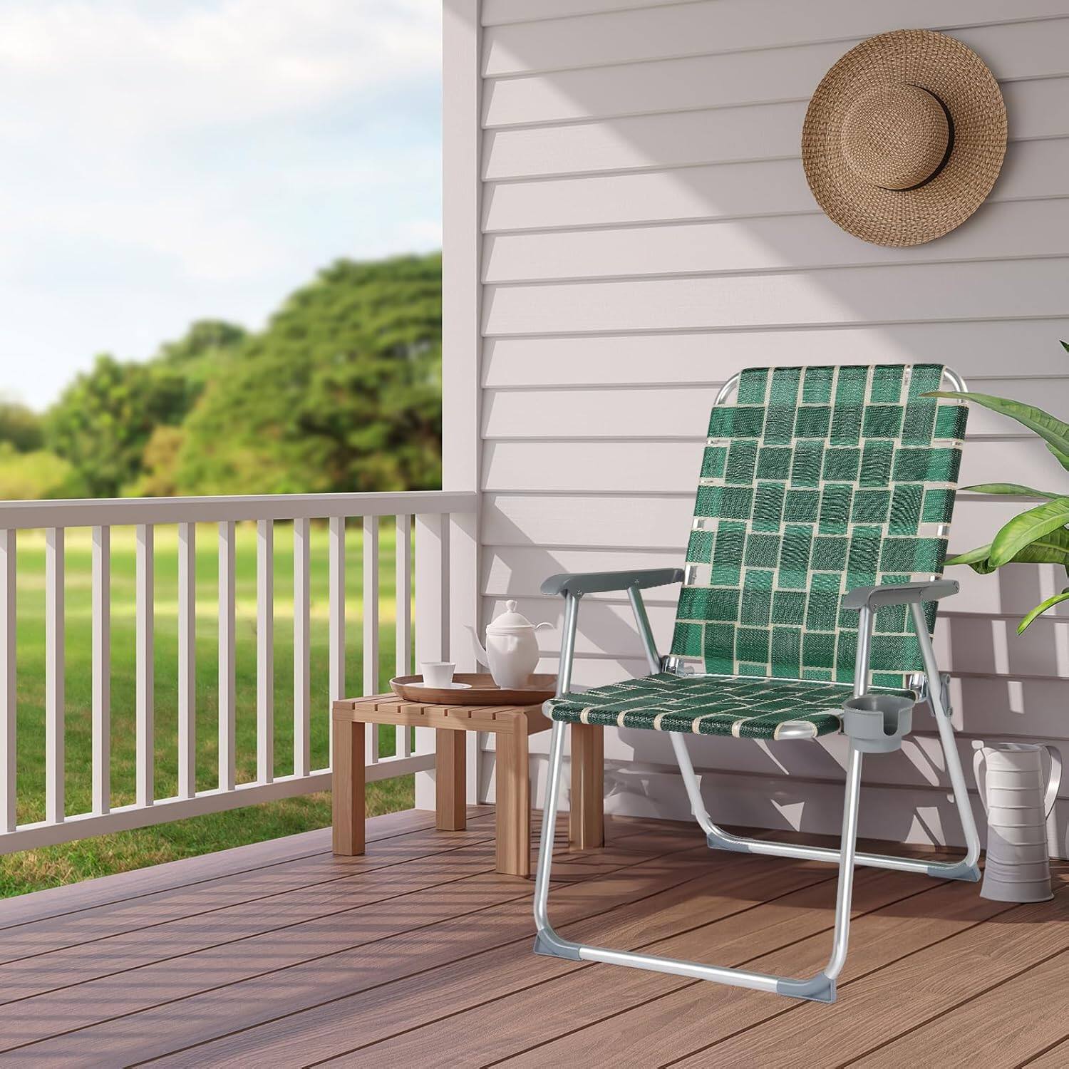 Alt View 5. Winado - 2PCS 36in Oversized Portable Folding Aluminum Beach Chair with Cup Holder Webbed Beach Chair for Outdoor Camping Beach - Dark Green Stripe.