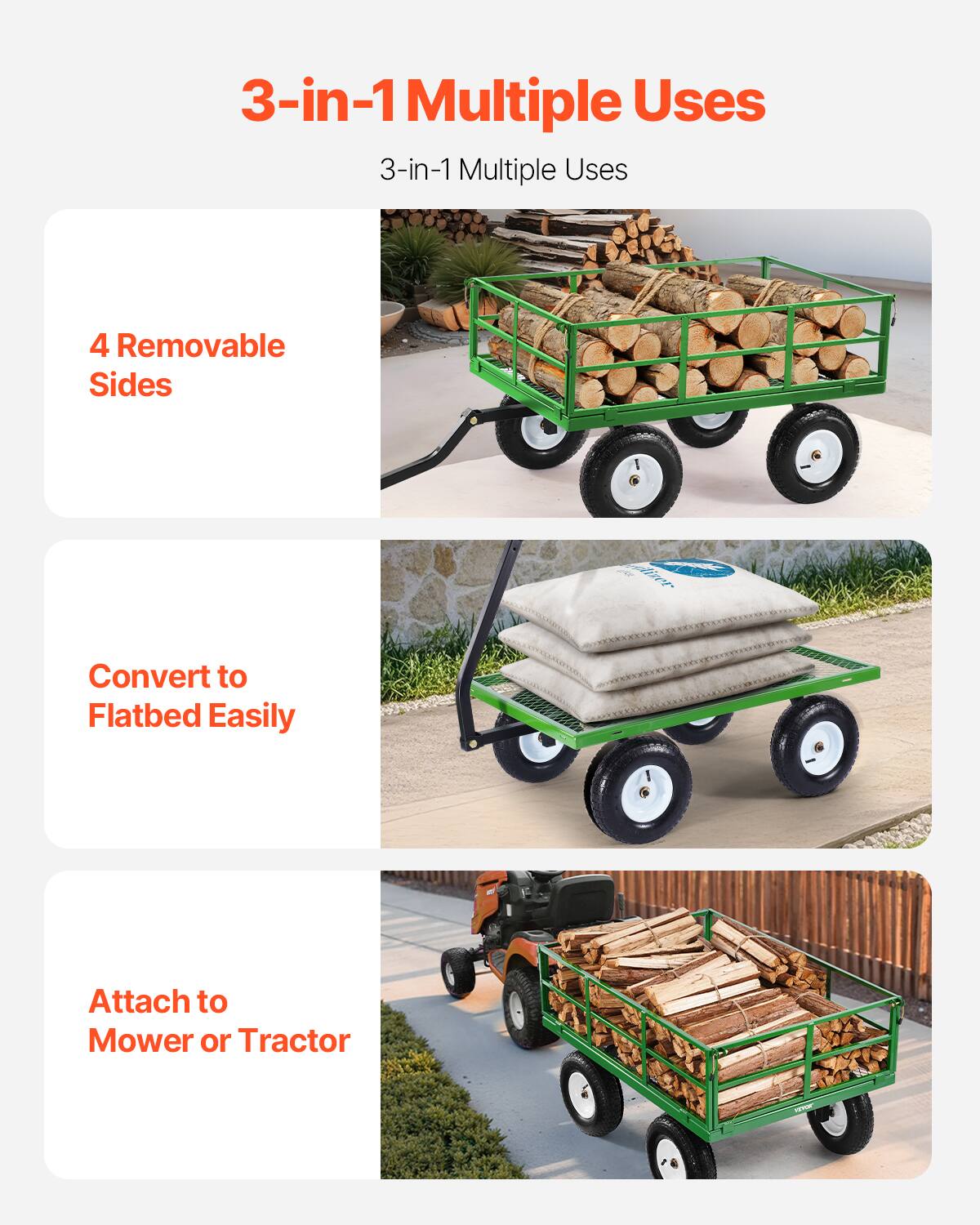 3-in-1 Multiple Uses
3-in-1 Multiple Uses
4 Removable Sides
Convert to Flatbed Easily
Attach to Mower or Tractor