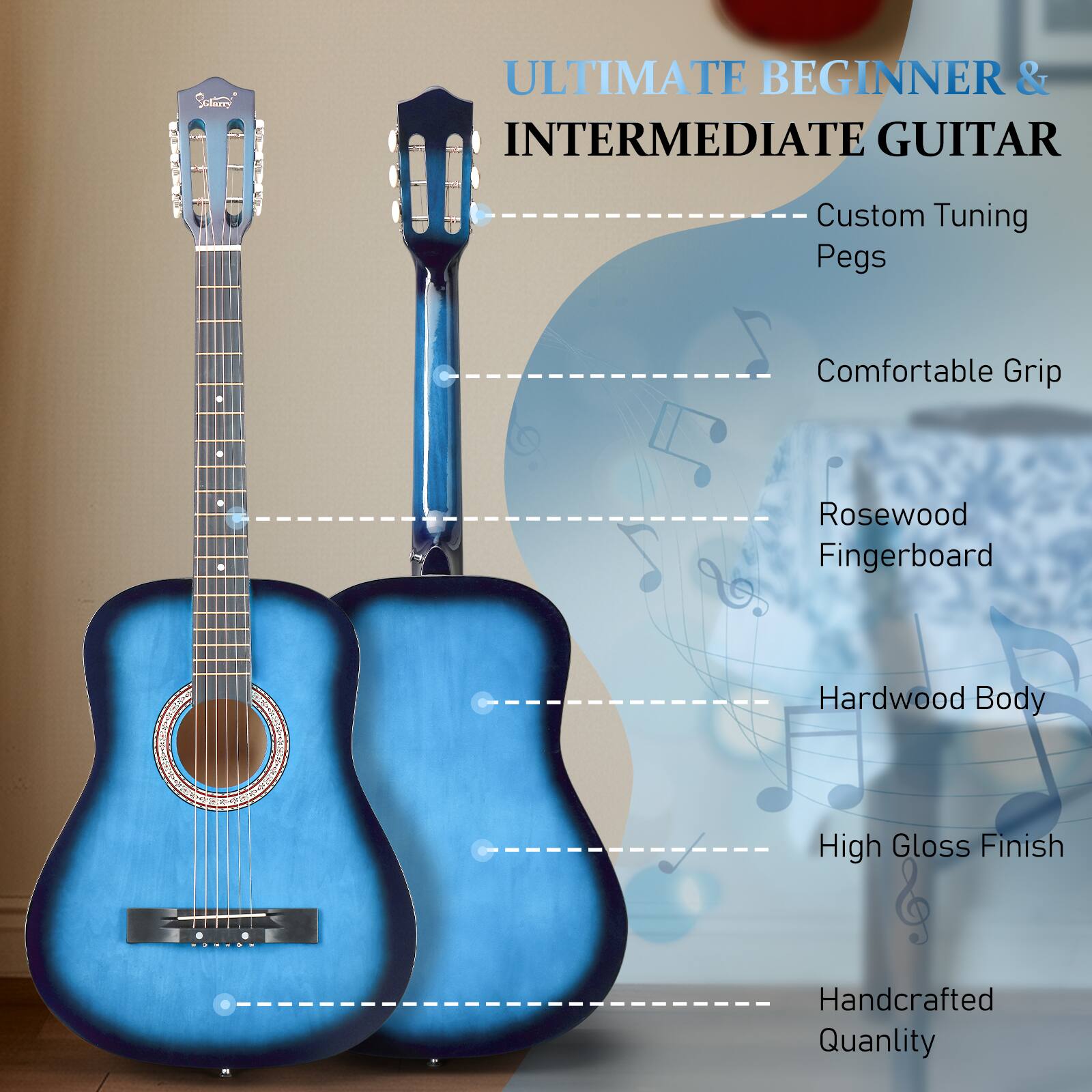 ULTIMATE BEGINNER & INTERMEDIATE GUITAR

- Custom Tuning Pegs
- Comfortable Grip
- Rosewood Fingerboard
- Hardwood Body
- High Gloss Finish
- Handcrafted Quality