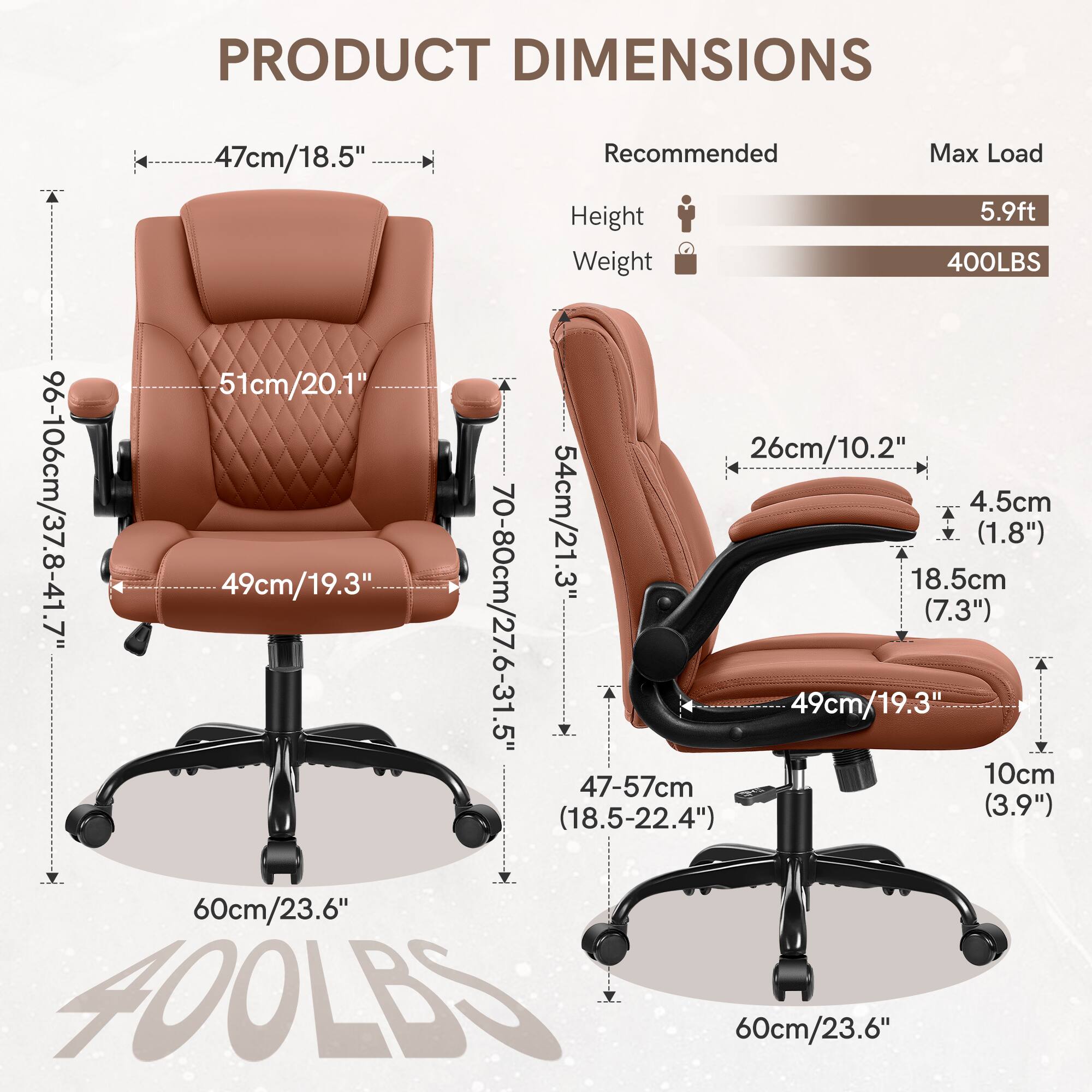 PRODUCT DIMENSIONS:
- 47cm/18.5" recommended max load height
- 5.9ft weight: 400LBS
- 51cm/20.1" 26cm/10.2" 96-106cm/37.8-41.7" 4.5cm
- 49cm/19.3" 54cm/21.3" 3" 18.5cm (1.8")
- 70-80cm/27.6-31.5" (7.3") 49cm/19.3" 10cm
- 47-57cm (18.5-22.4") (3.9") 60cm/23.6"
- 400LBS