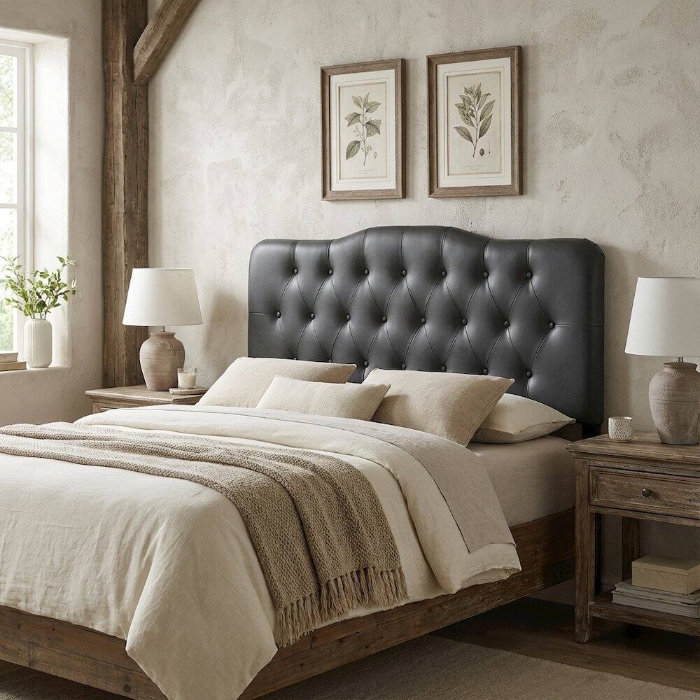 Angle. FurniFact - Upholstered Vinyl Queen Headboard with Supportive Padding and Stylish Design - Black.