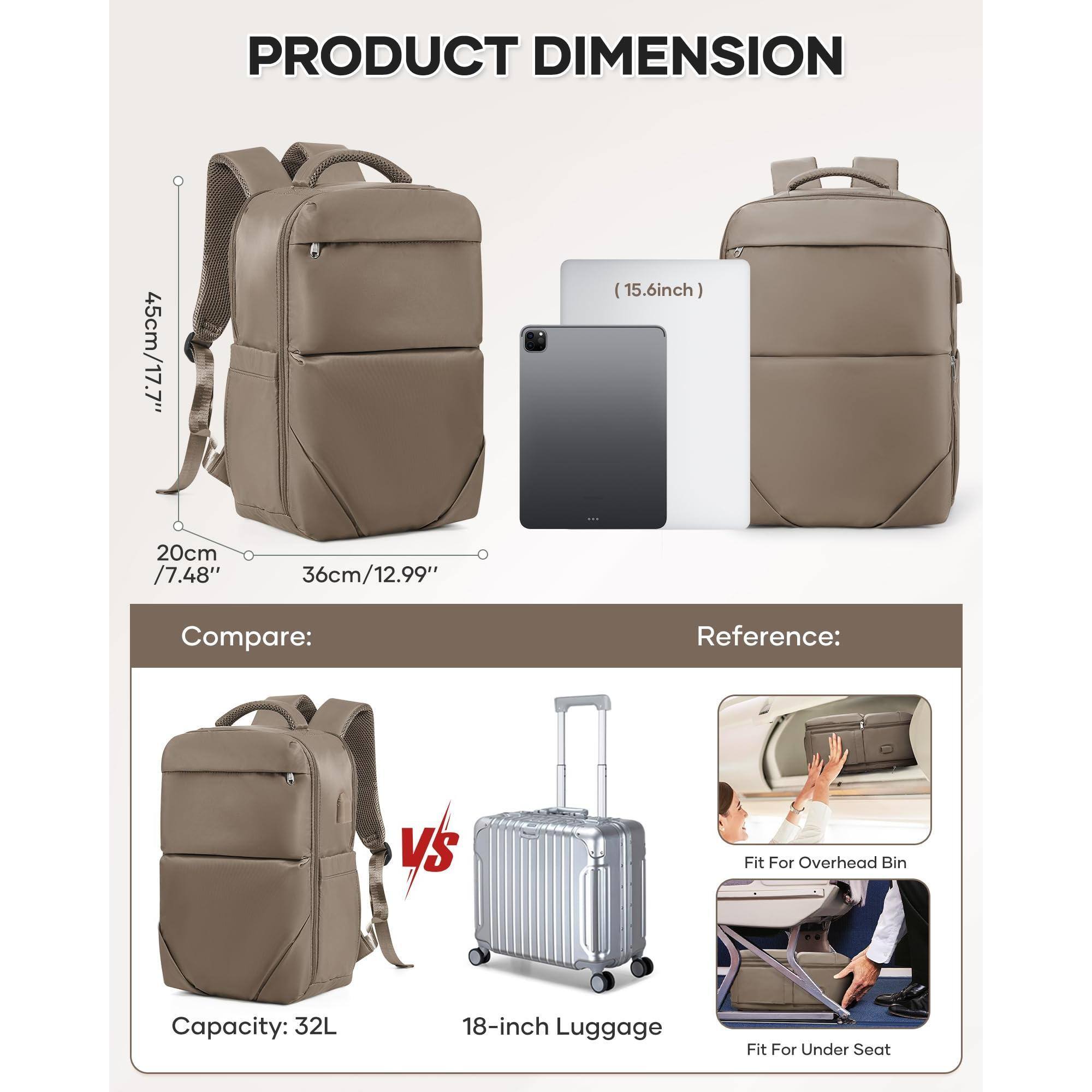 **PRODUCT DIMENSION**

- Height: 45cm / 17.7"
- Width: 36cm / 12.99"
- Depth: 20cm / 7.48"

**Compare:**

- Capacity: 32L
- 18-inch Luggage

**Reference:**

- Fit For Overhead Bin
- Fit For Under Seat