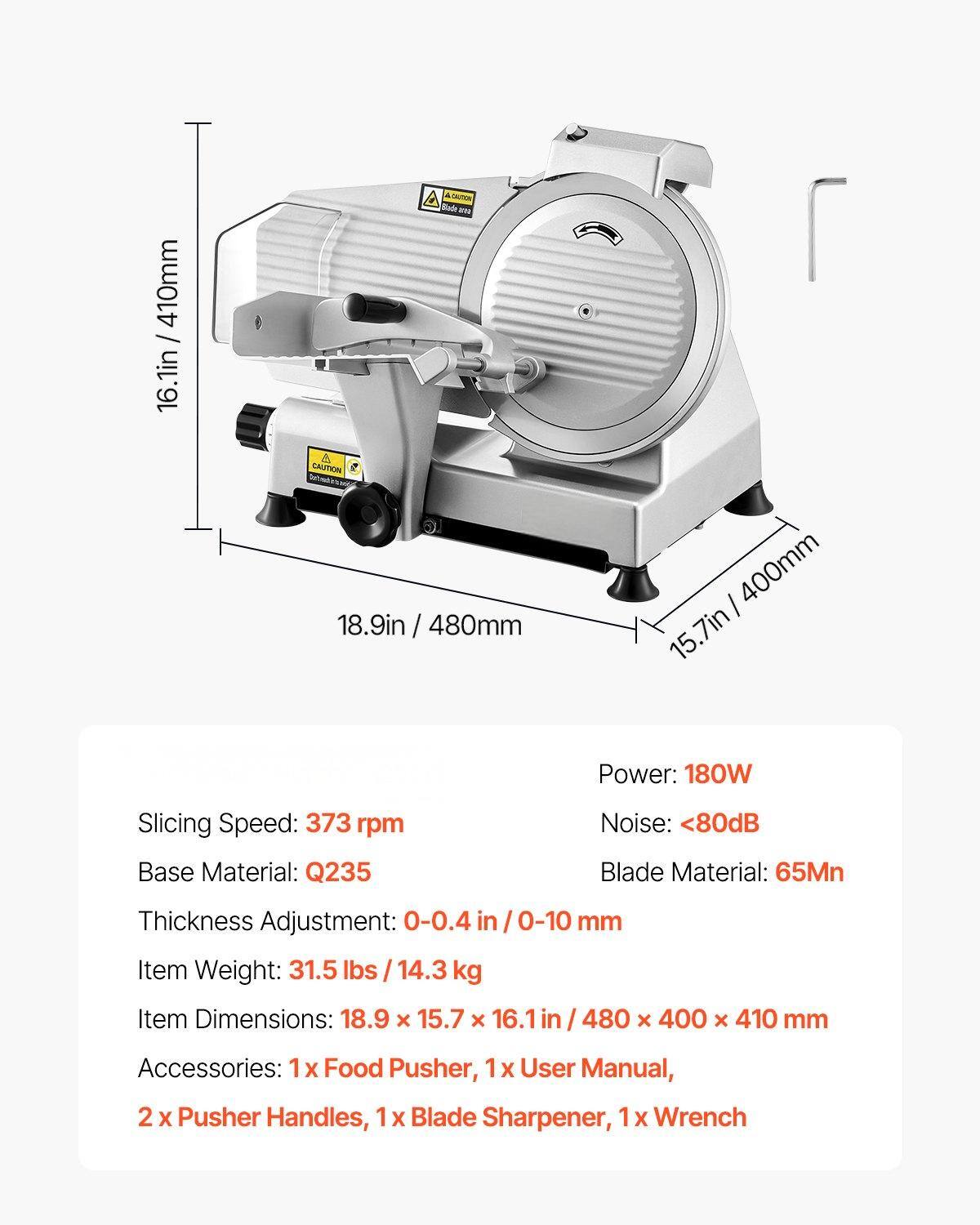- **Model:** ACHUTON Sal2
- **Dimensions:**
  - Height: 16.1 in / 410 mm
  - Width: 18.9 in / 480 mm
  - Depth: 15.7 in / 400 mm
- **Power:** 180W
- **Slicing Speed:** 373 rpm
- **Base Material:** Q235
- **Blade Material:** 65Mn
- **Thickness Adjustment:** 0-0.4 in / 0-10 mm
- **Noise:** <80dB
- **Item Weight:** 31.5 lbs / 14.3 kg
- **Item Dimensions:** 18.9 x 15.7 x 16.1 in / 480 x 400 x 410 mm
- **Accessories:**
  - 1 x Food Pusher
  - 1 x User Manual
  - 2 x Pusher Handles
  - 1 x Blade Sharpener
  - 1 x Wrench