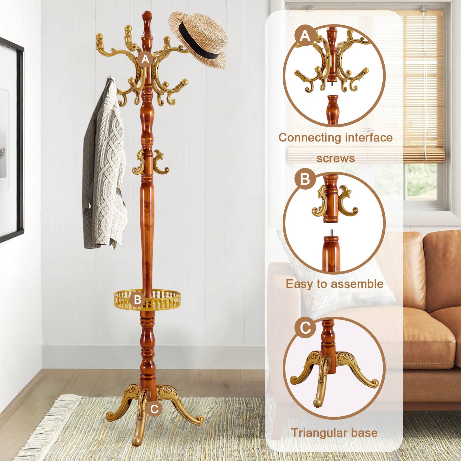 A. Connecting interface screws  
B. Easy to assemble  
C. Triangular base