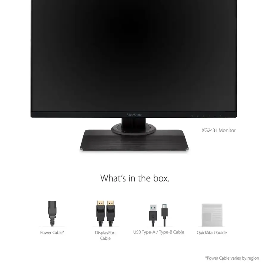 The image features a ViewSonic XG2431 Monitor, which is a flat screen display. The box includes a power cable, a DisplayPort cable, a USB Type-A / Type-B cable, and a QuickStart Guide. The power cable may vary by region.