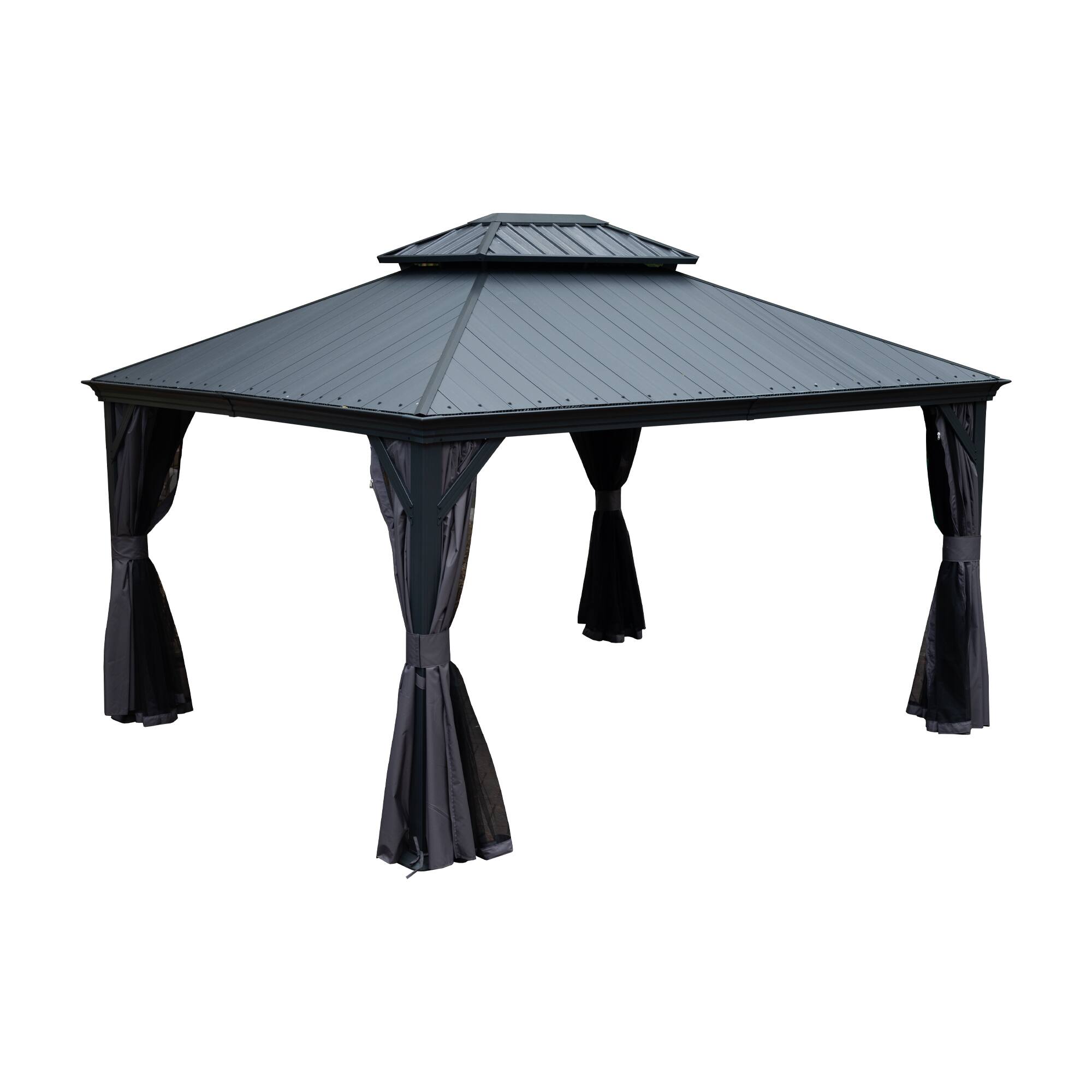 Angle. Mondawe - 10x12 Metal Gazebo With Resin Roof ,Curtains and Mosquito Netting Included - Dark Gray.