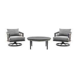 Armen Living - Zella Outdoor Patio 3 Piece Swivel Seating Set in Aluminum with Light Gray Rope and Cushions - Earl Gray