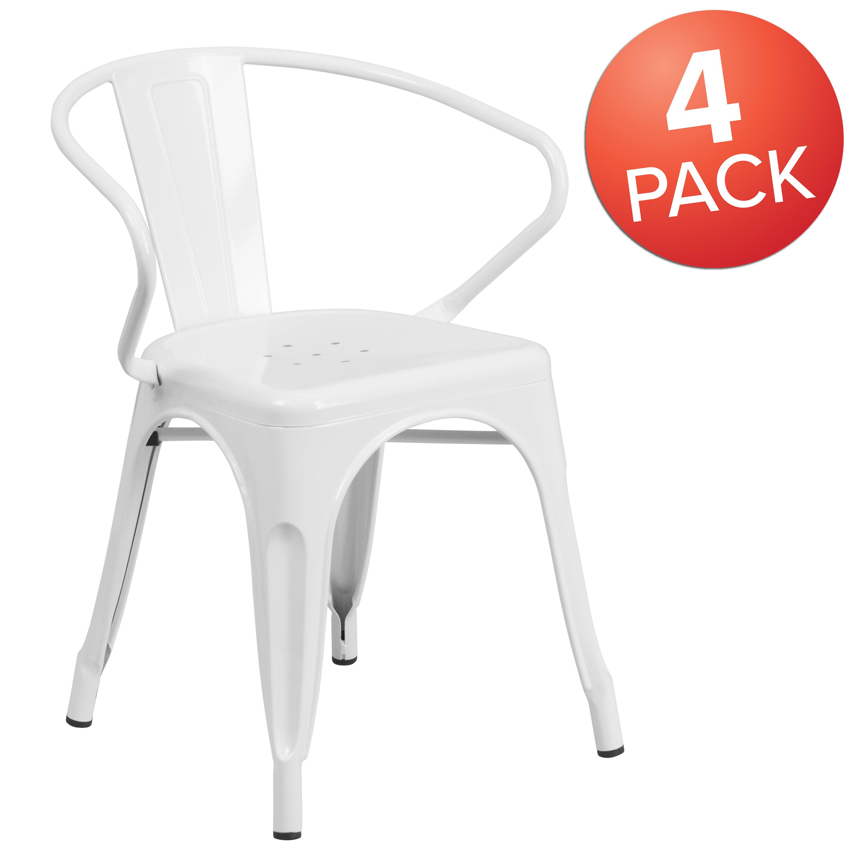 Alt View 1. Emma + Oliver - Commercial Grade 4 Pack Metal Indoor-Outdoor Chair with Arms - White.