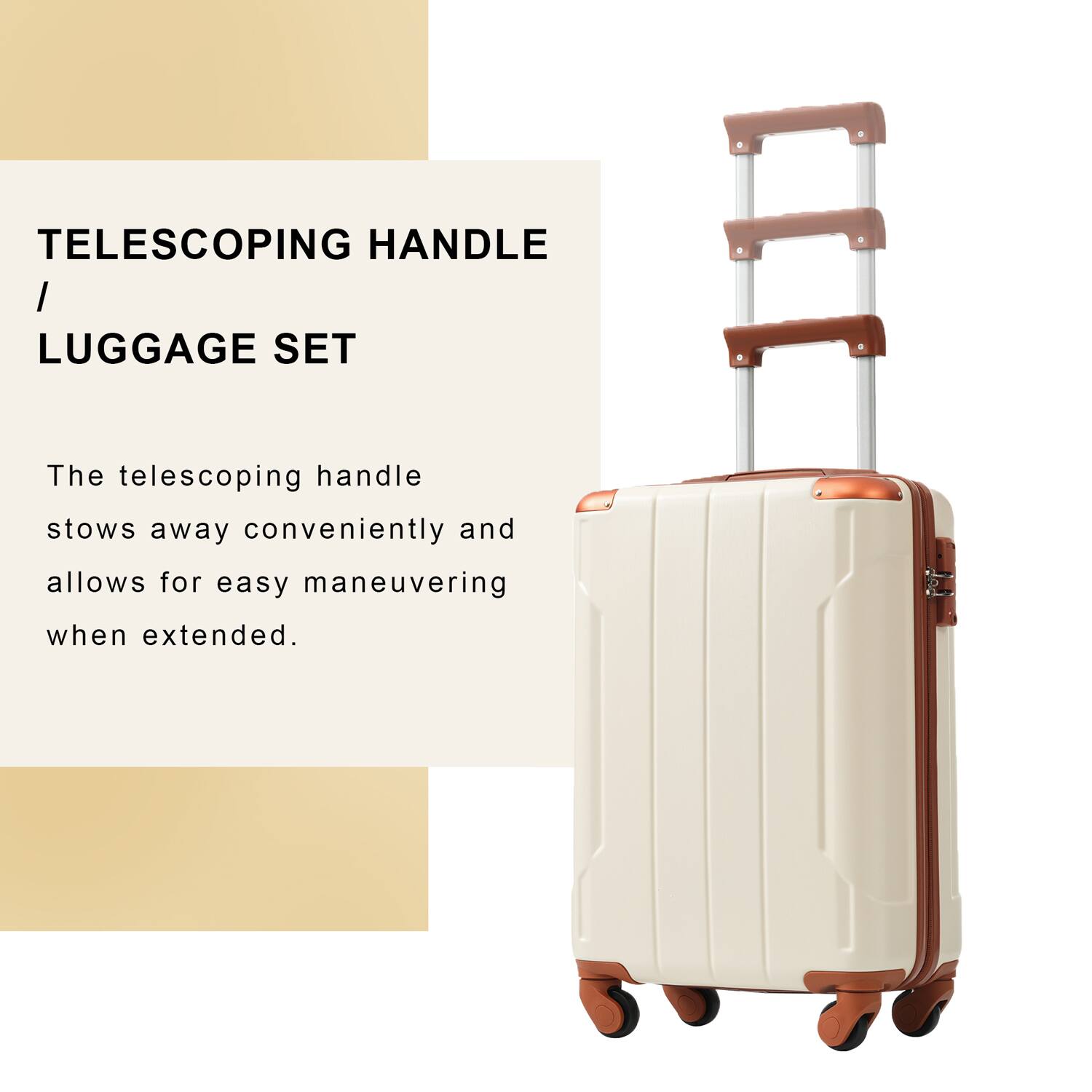 TELESCOPING HANDLE / LUGGAGE SET

The telescoping handle stows away conveniently and allows for easy maneuvering when extended.