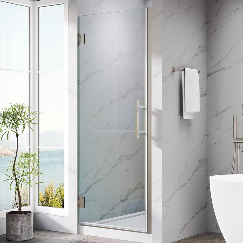 Angle. WELLFOR - 30–31 in. W x 72 in. H Frameless Hinged Shower Door with 3/8" Clear Tempered Glass, Reversible Opening - Brushed Nickel.