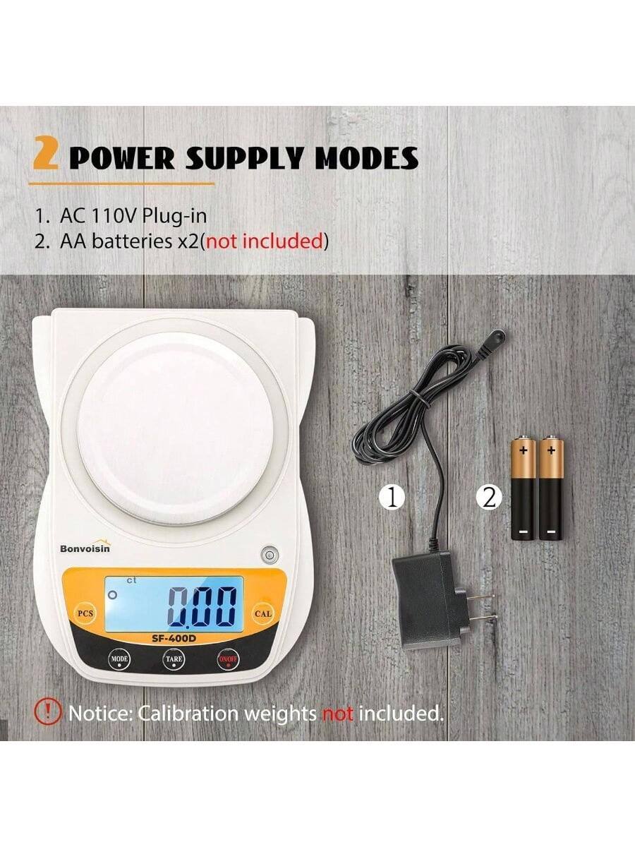 2 POWER SUPPLY MODES  
1. AC 110V Plug-in  
2. AA batteries x2 (not included)  

Notice: Calibration weights not included.