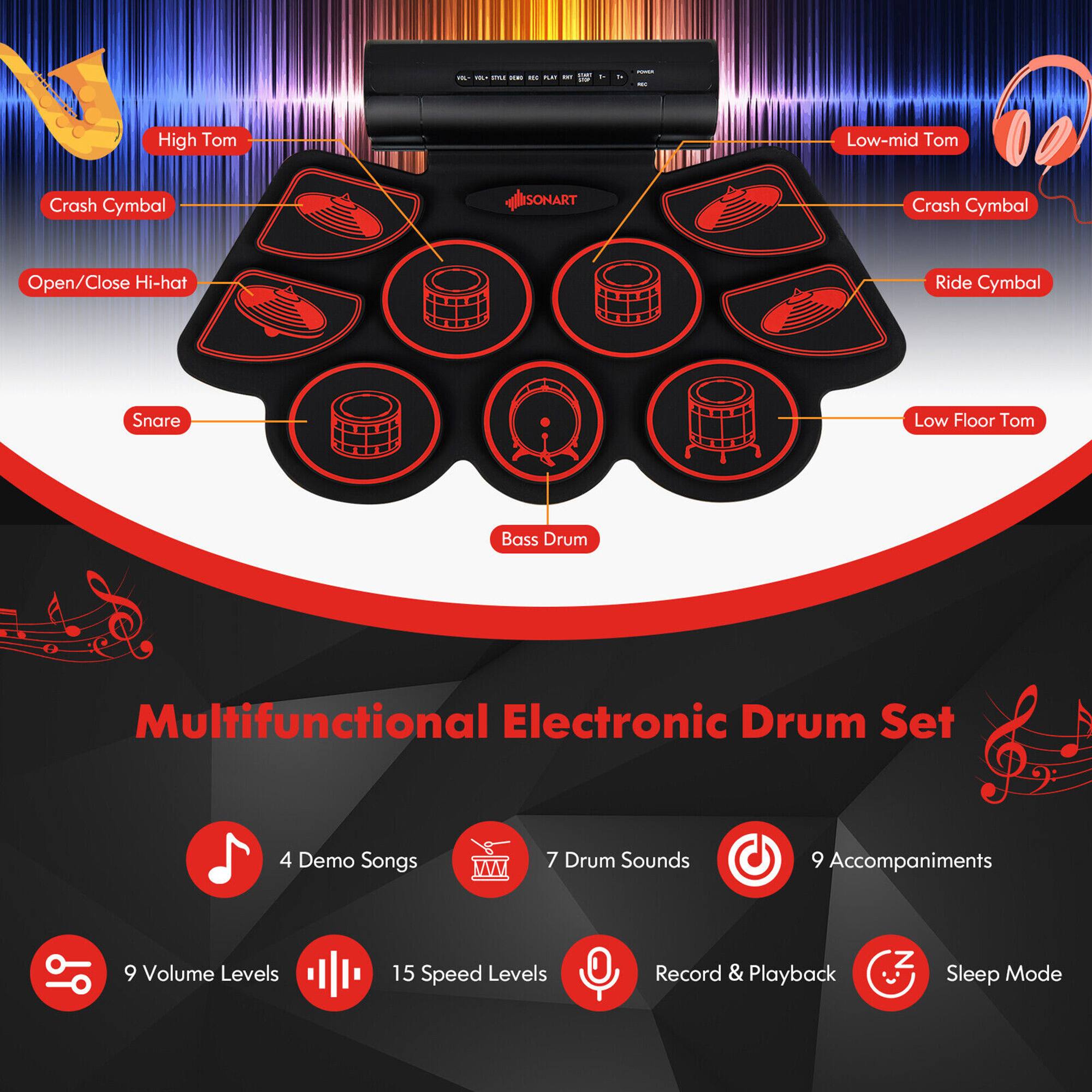 - High Tom
- Low-mid Tom
- Crash Cymbal
- Open/Close Hi-hat
- Ride Cymbal
- Snare
- Low Floor Tom
- Bass Drum

Multifunctional Electronic Drum Set

- 4 Demo Songs
- 7 Drum Sounds
- 9 Accompaniments
- 9 Volume Levels
- 15 Speed Levels
- Record & Playback
- Sleep Mode