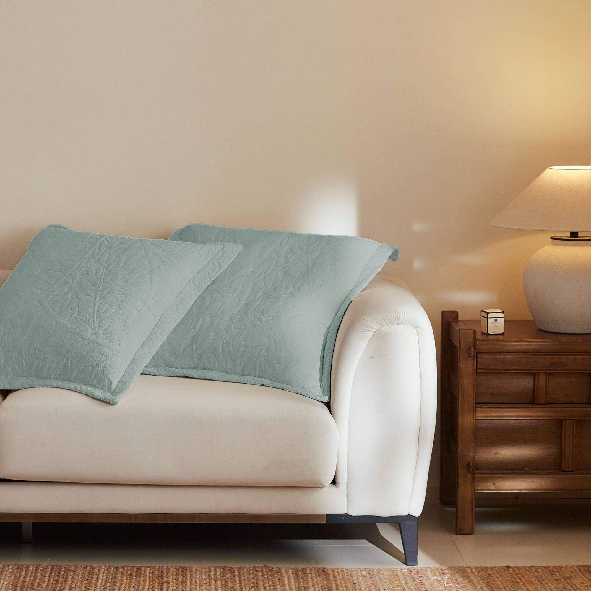 Left. MarCielo - 100% Cotton Embroidered Quilted Pillow Shams Set of 2, 26"x26" Euro Size - Aruba Blue.